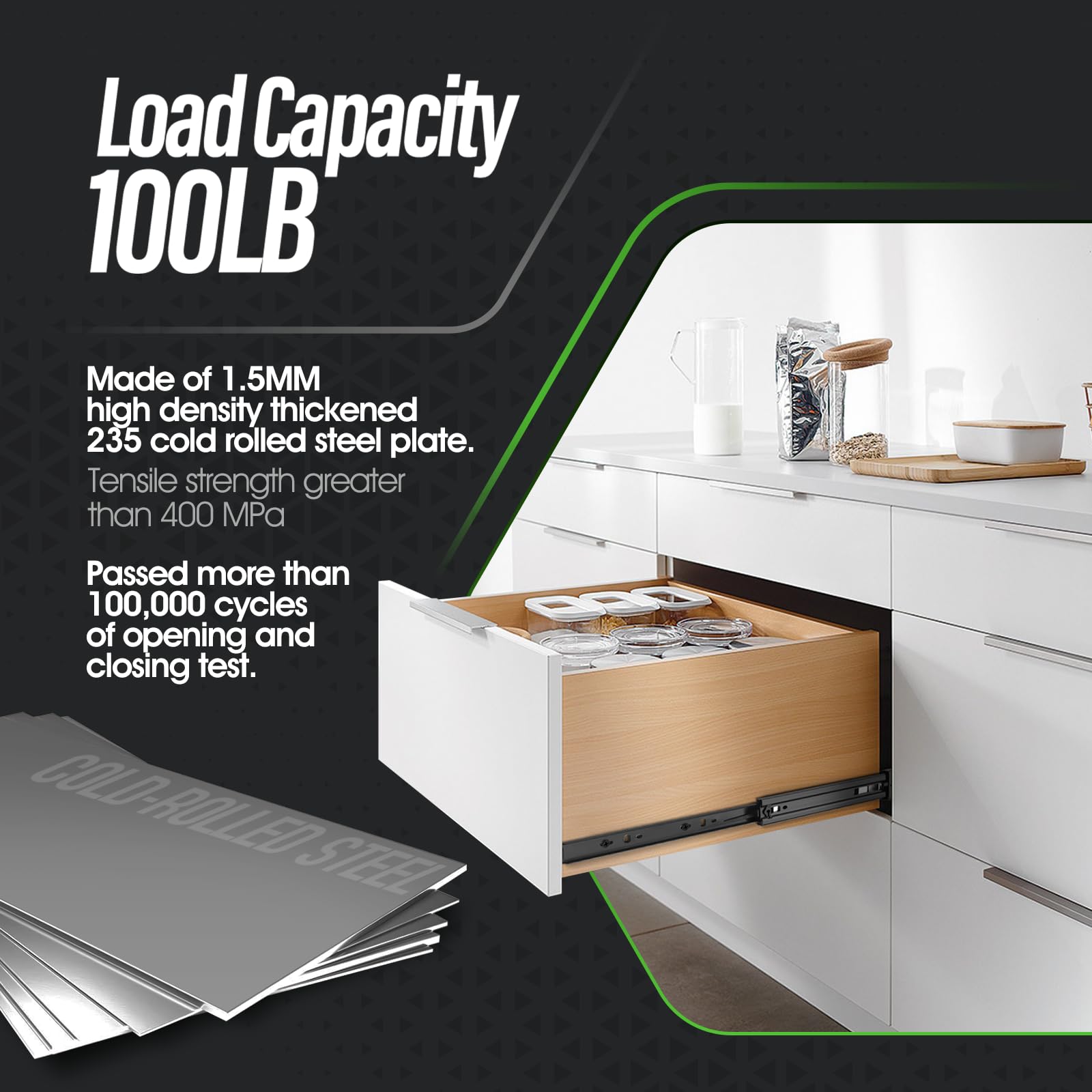 **Heavy Duty Full Extension Ball Bearing Drawer Slides 8-24 Inch (20 Inch, Black) - 100 LB Load Capacity Side Mount Cabinet Rails for Kitchen, Dresser, File Cabinet & Trash Can - Smooth Gliding Metal Runners for Easy Access & Organization**