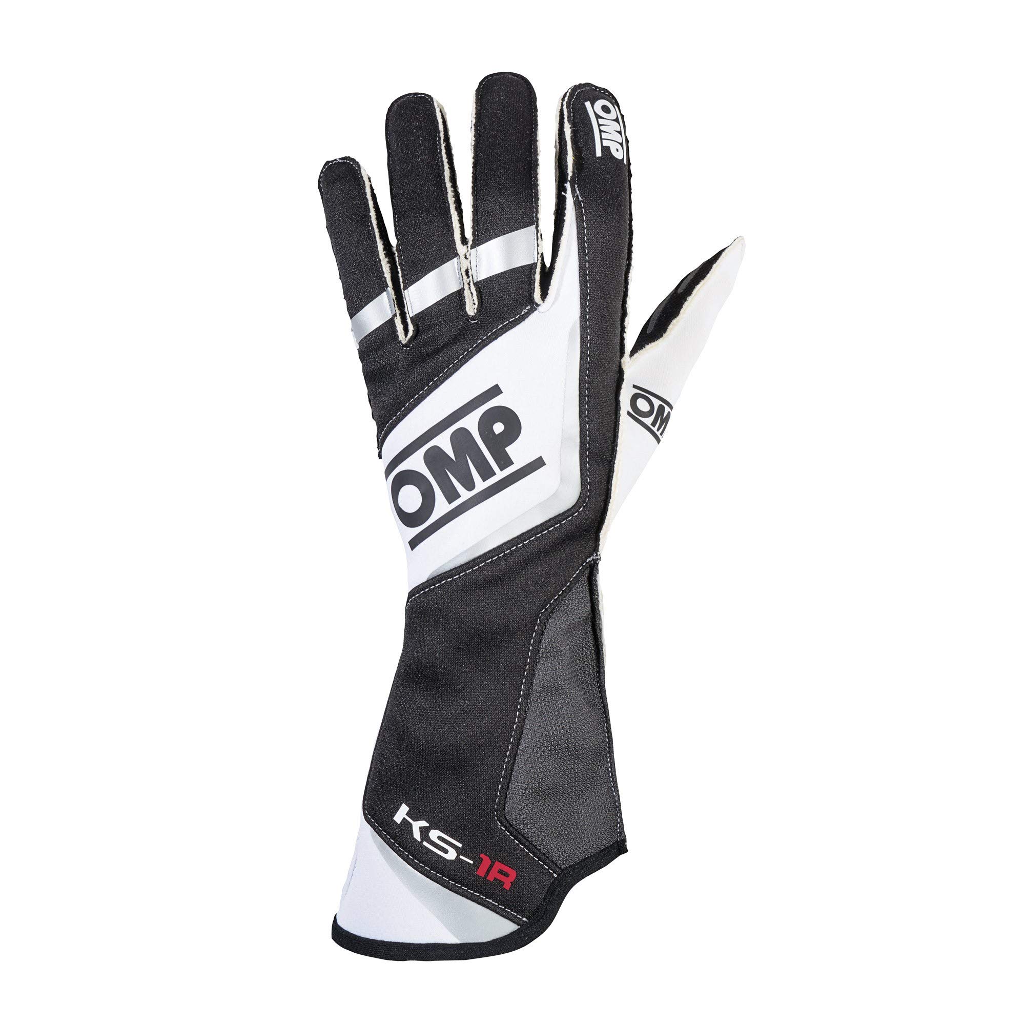 OMP KS-1R Motorcycle Racing Gloves - Black/White/Silver - Size XL (KB0-2740-A01-071-XL) - Premium Protection for Track & Street Riding