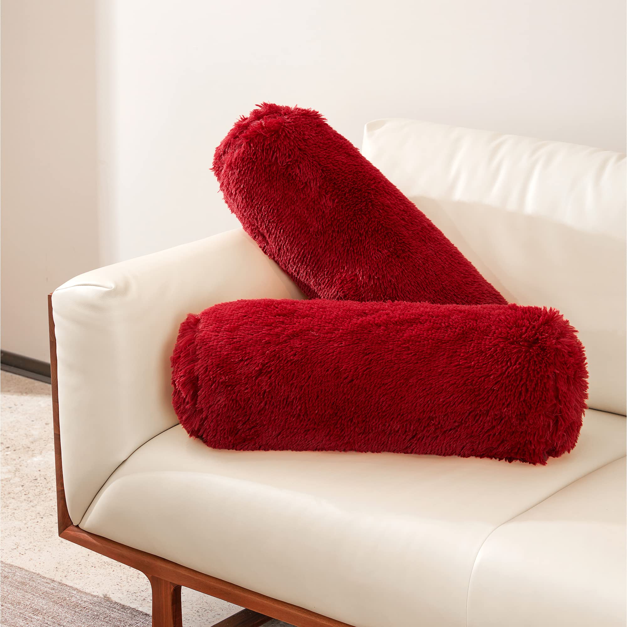 Shaggy Long Hair Bolster Pillows Set of 2 - 8x24 Inch Maroon Decorative Roll Pillows for Couch, Bed & Sofa - Cozy Home Decor