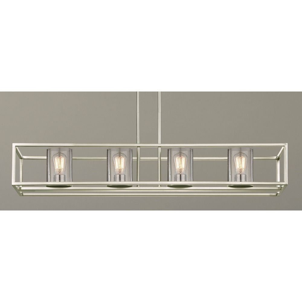 Modern Seeded Glass Linear Chandelier with Satin Nickel Finish - 4 Light Hanging Pendant for Dining Room, Kitchen Island or Entryway Lighting