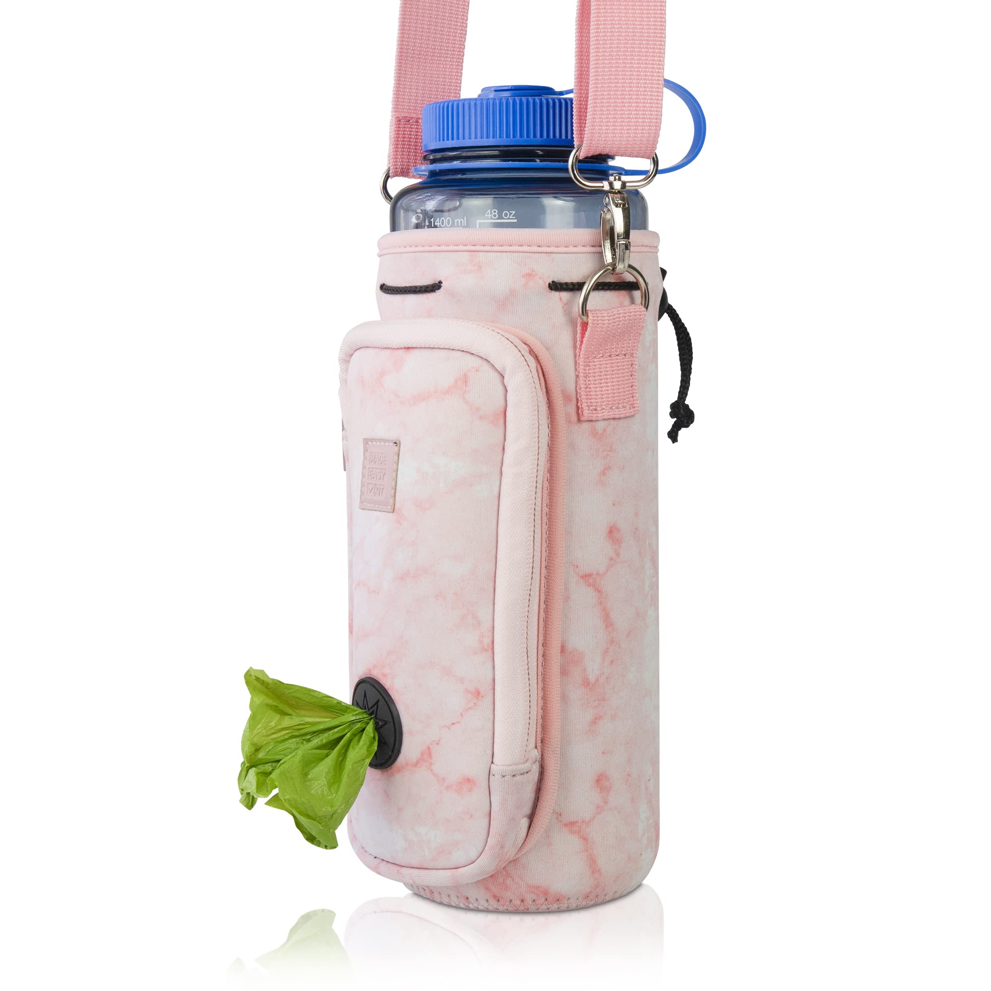 **Adjustable Padded Shoulder Strap Water Bottle Carrier with Pocket for Dog Waste Bags - 40oz Tall & Large with Bowl (Pink Marble) - Perfect for Hiking, Running & Outdoor Adventures**