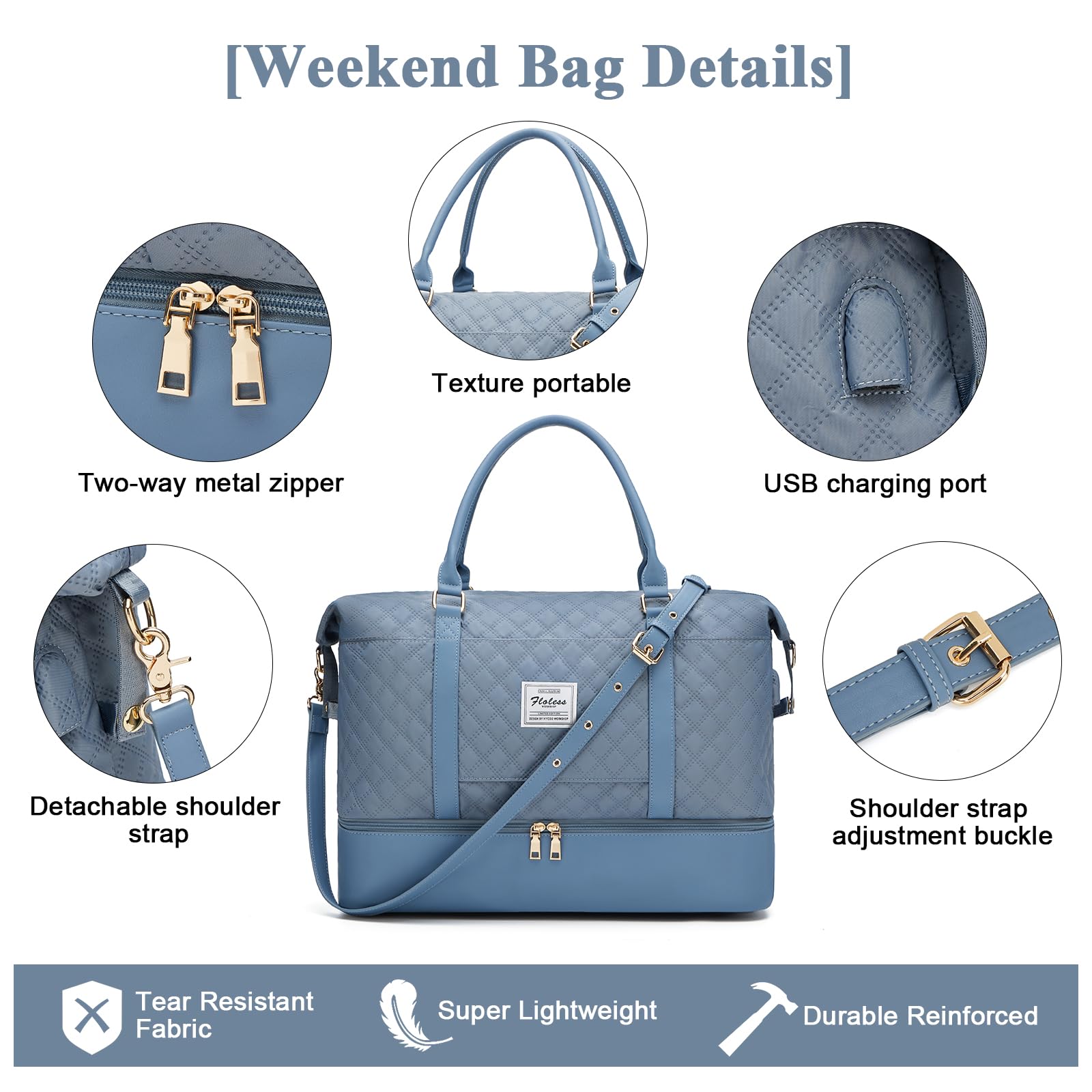 Women's Travel Duffel Bag with Shoe Compartment - Large Gym & Sports Bag for Weekend Getaways, Hospital Visits & Airplane Carry-On | Water-Resistant & Spacious B5-Grey Blue Luggage | Perfect for Workouts, Travel & Overnight Stays