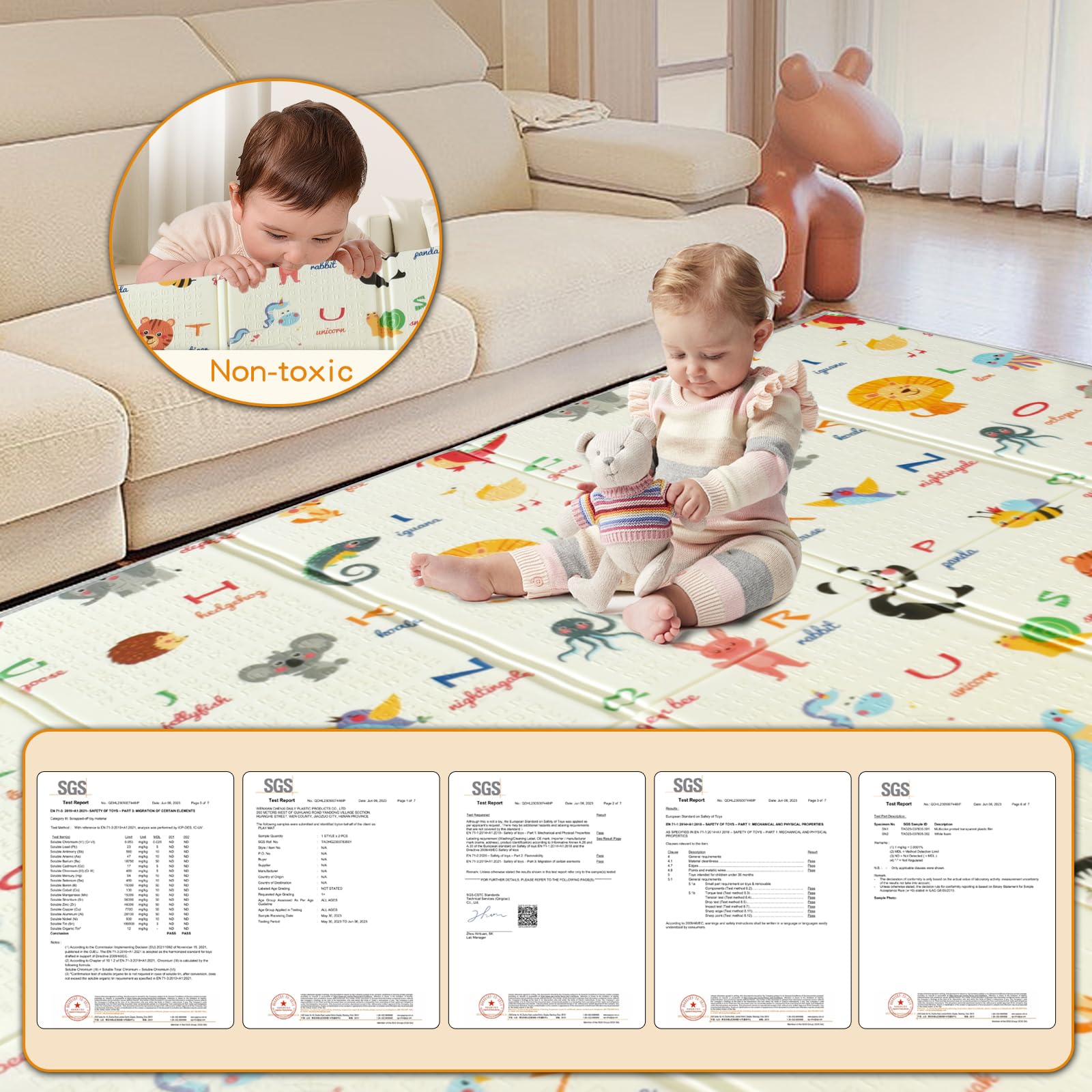 Premium Baby Play Mat for Floor - 79”×71” Extra Large Foldable Waterproof Foam Playmat for Infants | Tummy Time, Crawling & Playpen Activities | Non-Toxic Thick Cushion with Travel Bag (Animal Print) - Perfect for Nursery, Daycare & Travel Use