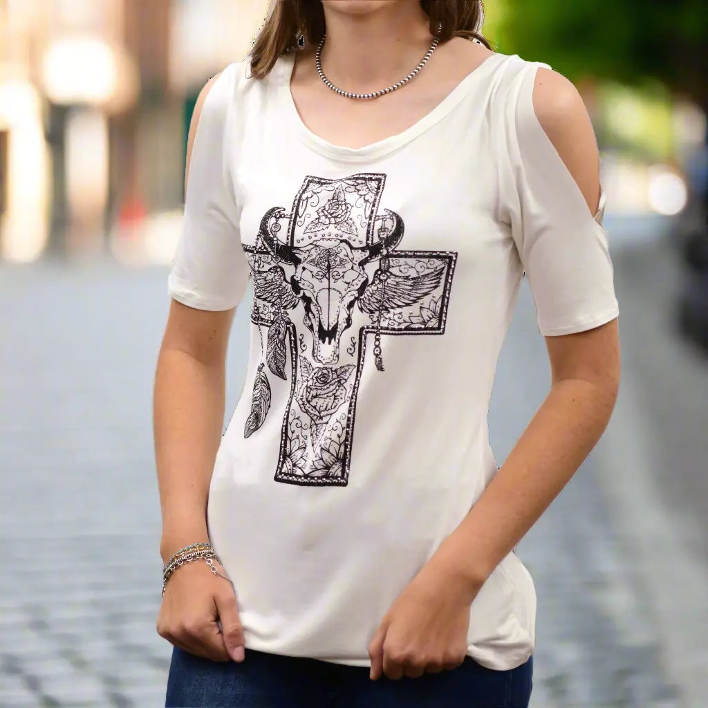 Trendy Scoop Neck T-Shirt with Western Steer Head, Cross & Feather Embroidered Details - Perfect for Casual Wear, Country Concerts & Western Fashion