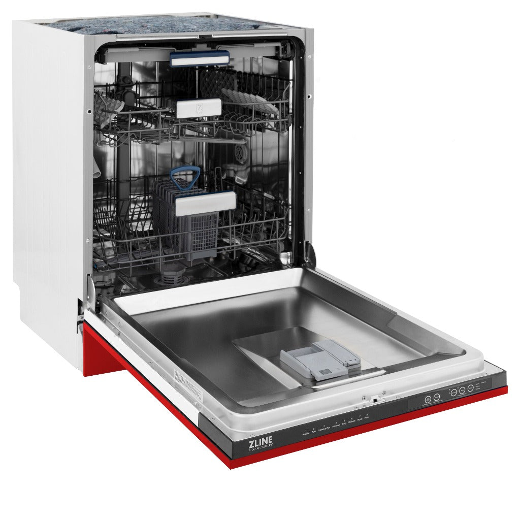 ZLINE 24 Inch Tallac Series 3rd Rack Tall Tub Dishwasher - Red Matte Finish with Stainless Steel Tub, 51dBA Quiet Operation (DWV RM 24) - Perfect for Modern Kitchens and Open-Concept Living Spaces