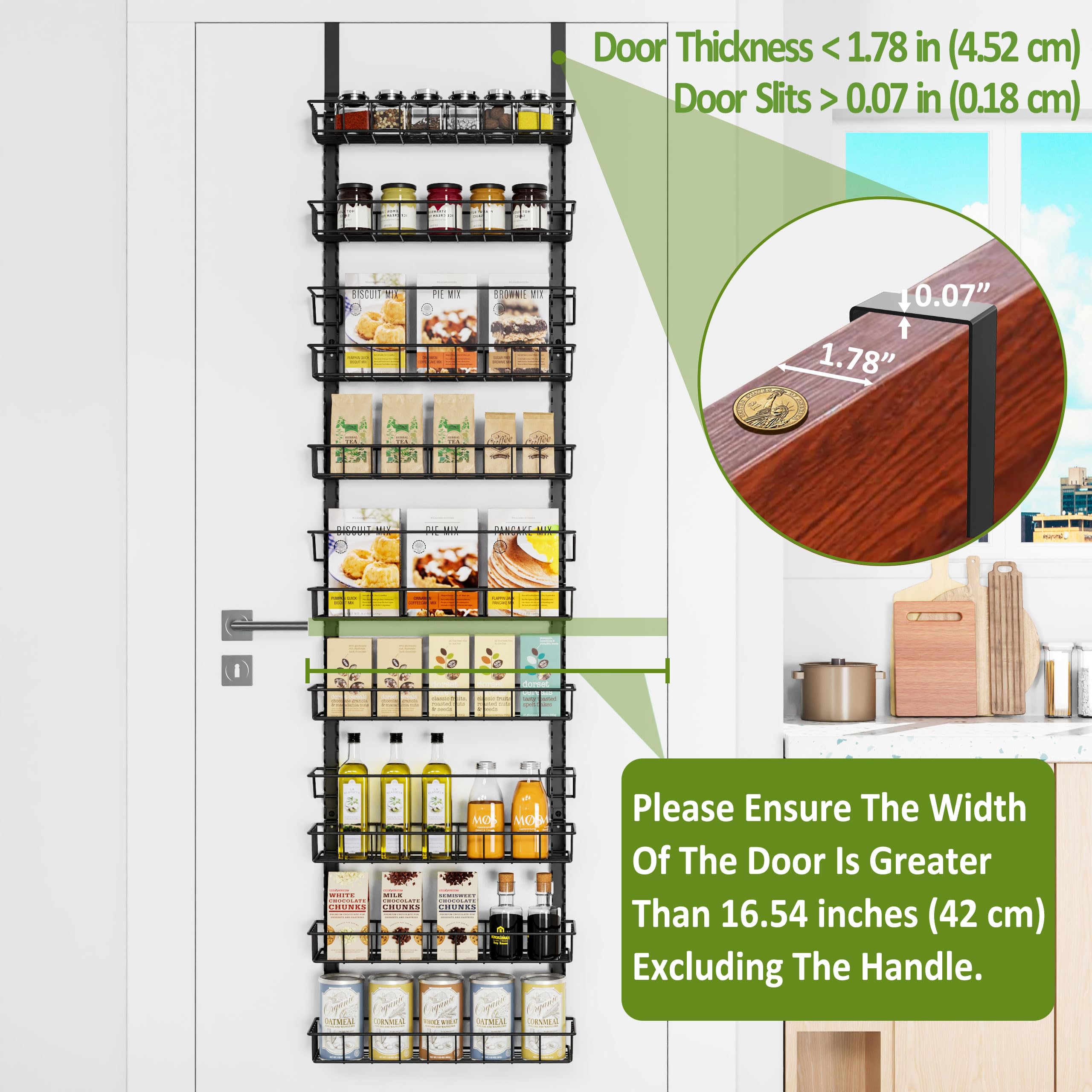 Churboro Over the Door Pantry Organizer - 9-Tier Adjustable Spice Rack with Dual Hanging/Wall Mount Options - Perfect for Kitchen Storage & Small Space Organization (Black)