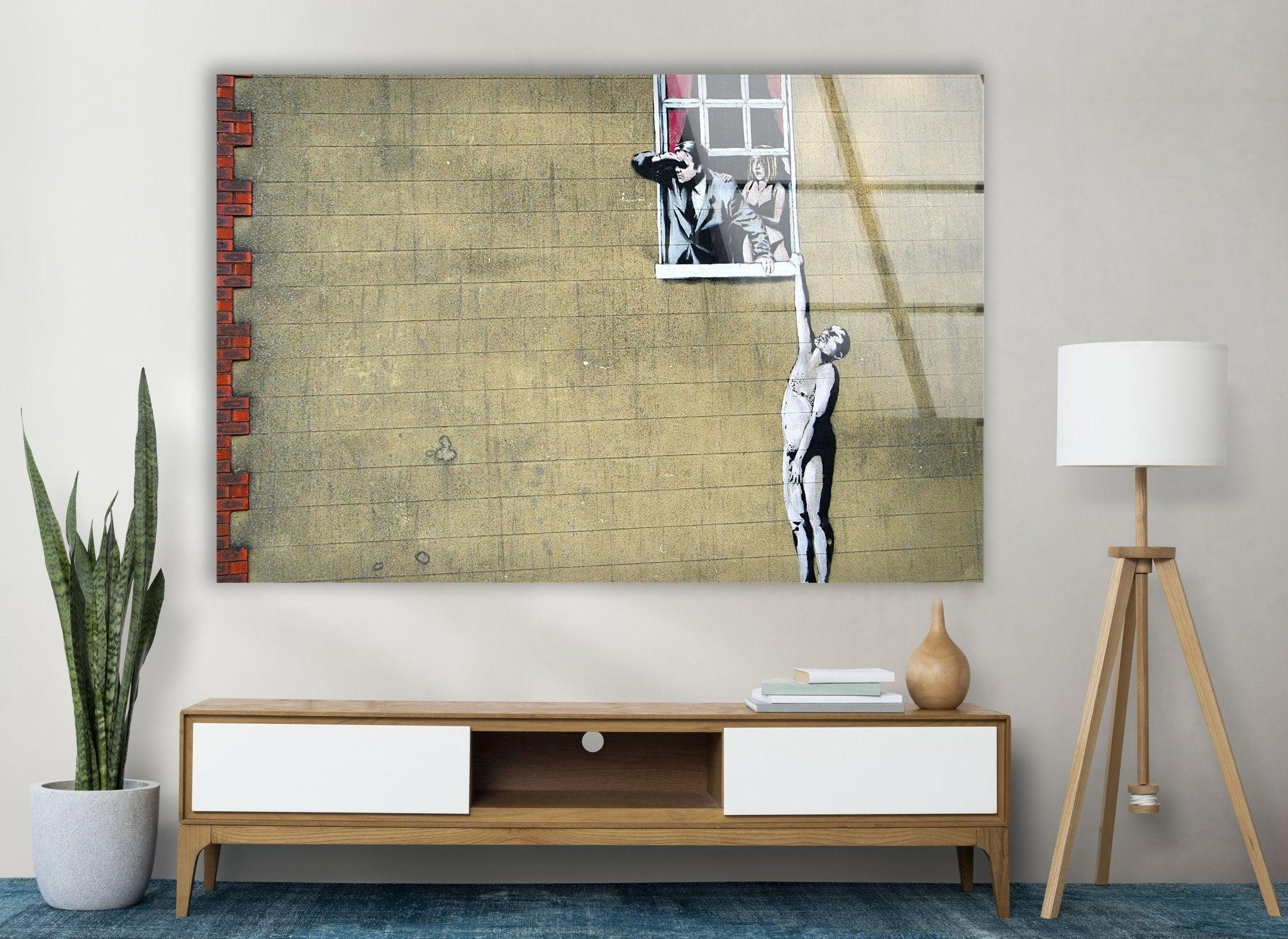 Banksy Well Hung Lover Glass Wall Art - Modern Street Art Home Decor for Living Room, Bedroom & Office - Unique Gift for Art Lovers