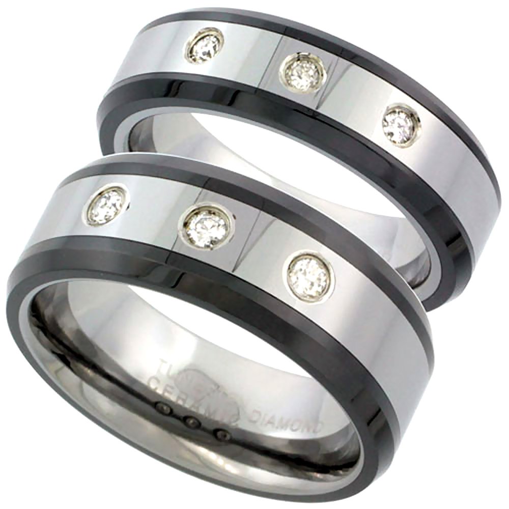 Sabrina Silver 2-Ring Set 6mm & 8mm Tungsten 3 Stone Diamond Wedding Band - Beveled Black Ceramic Edges, Comfort Fit Sizes 5-13 - Perfect for Anniversary Gifts & Bridal Jewelry