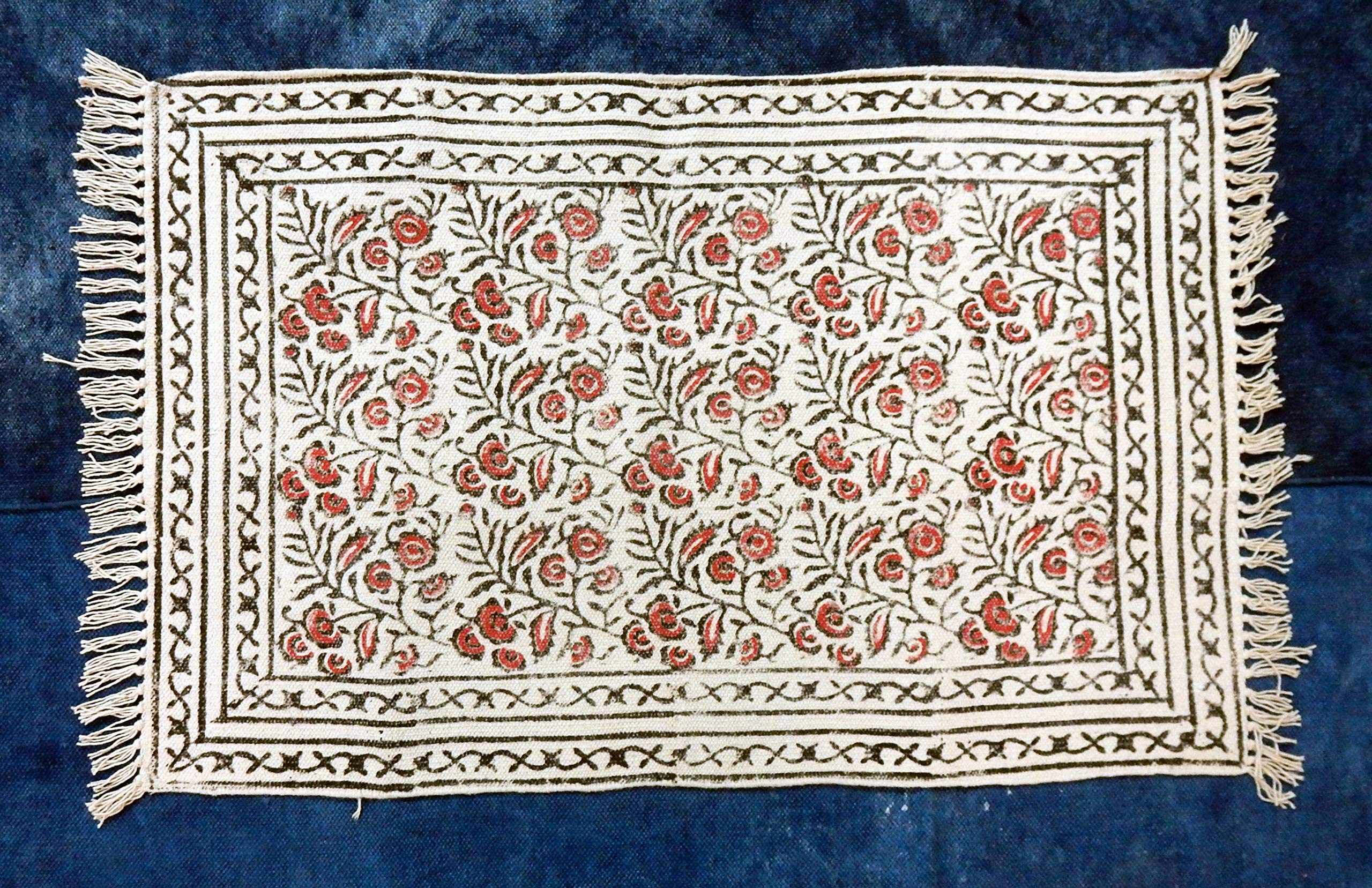 Vintage Cotton Rug - Bohemian Turkish Dhurrie Hand-Printed Carpet | Non-Slip Kitchen Runner, Bath Mat & Hallway Rug Pad for Home Decor