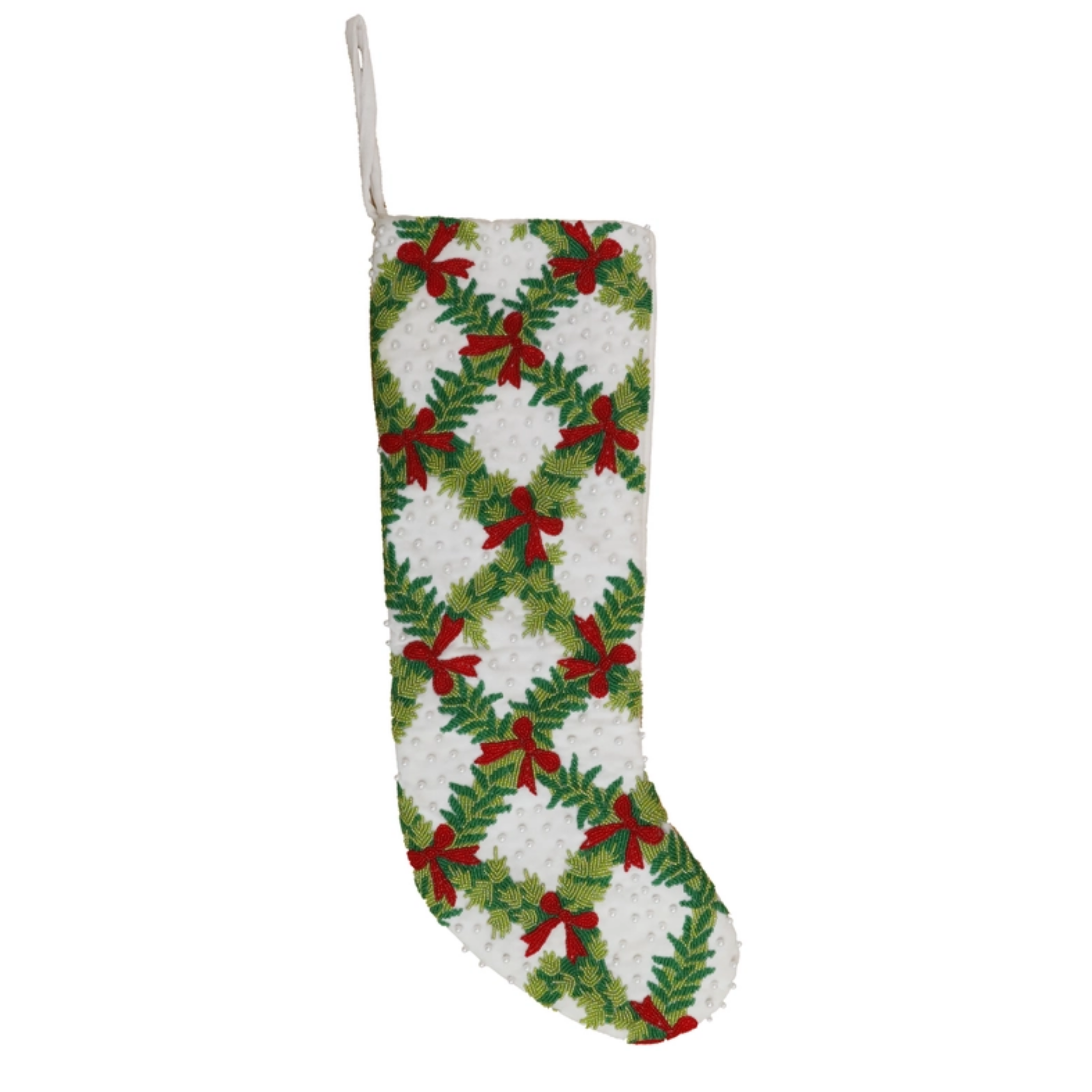 Elegant Beaded Bows & Garland Christmas Stocking - Festive Holiday Decor for Fireplace, Tree, and Mantel