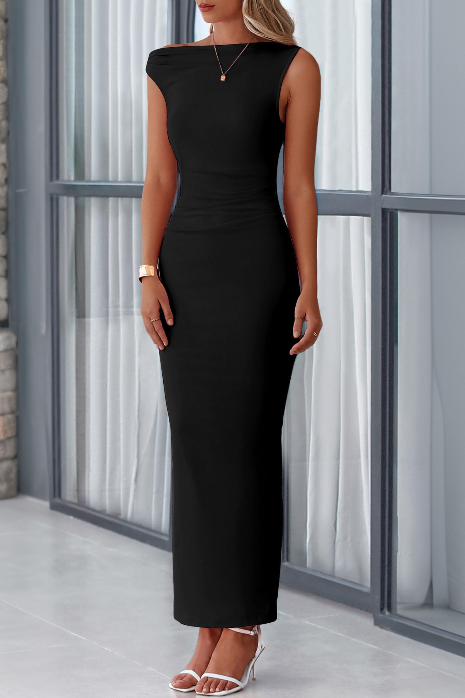 PRETTYGARDEN Women's Elegant One Shoulder Bodycon Maxi Dress - Sleeveless Ruched Mesh Formal Gown for Wedding Guest, Cocktail Party & Summer Events 2025