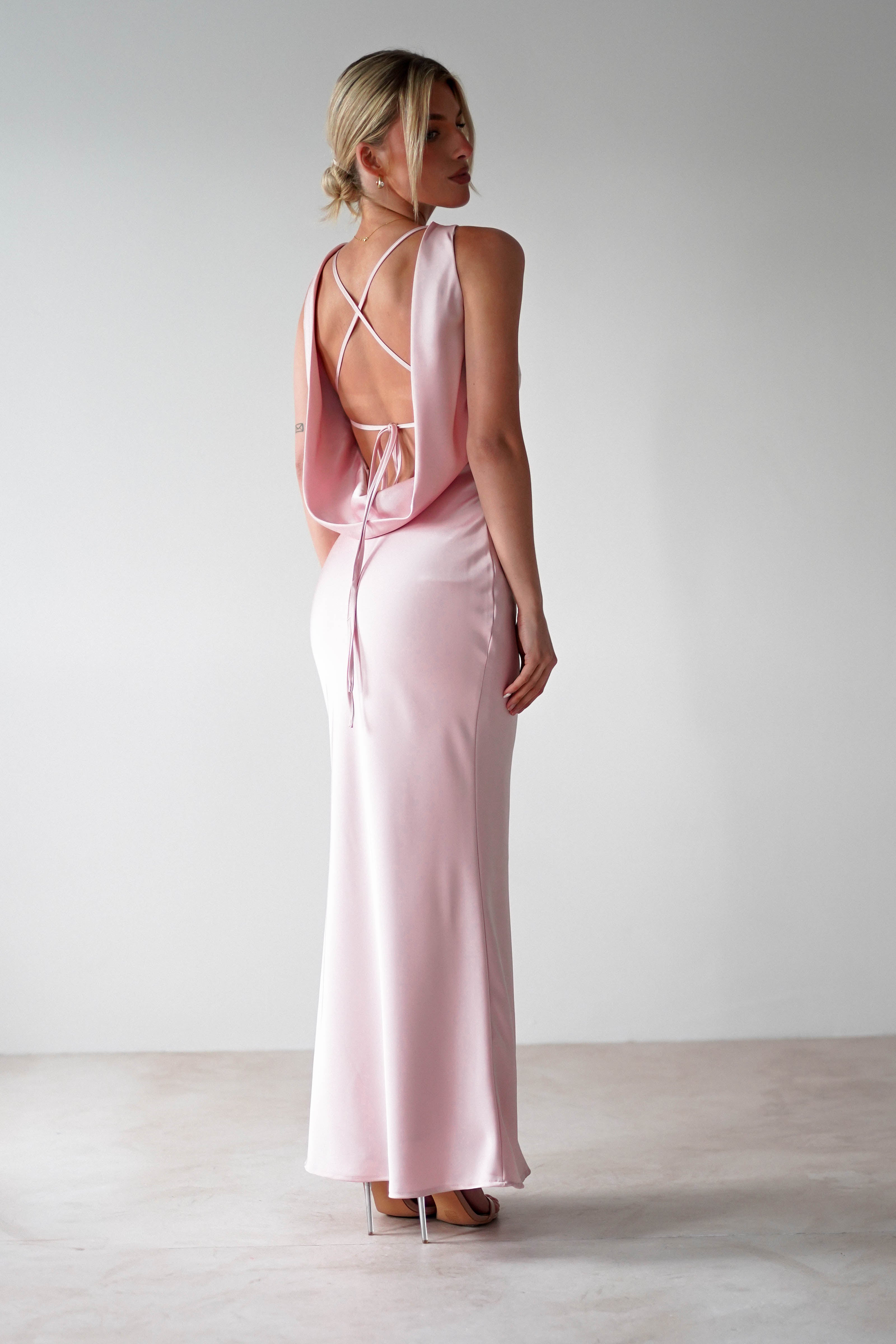 Alanna Soft Matte Satin Maxi Dress for Women - Elegant Blush Pink Long Evening Dress for Wedding, Party & Special Occasions