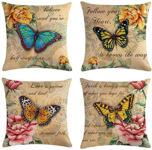 18x18 Vintage Butterfly Pattern Throw Pillow Covers - Set of 4 Farmhouse Style Decorative Cushion Covers with Retro Floral Design for Living Room, Bedroom & Sofa Decor - Brown (Pillows-016)