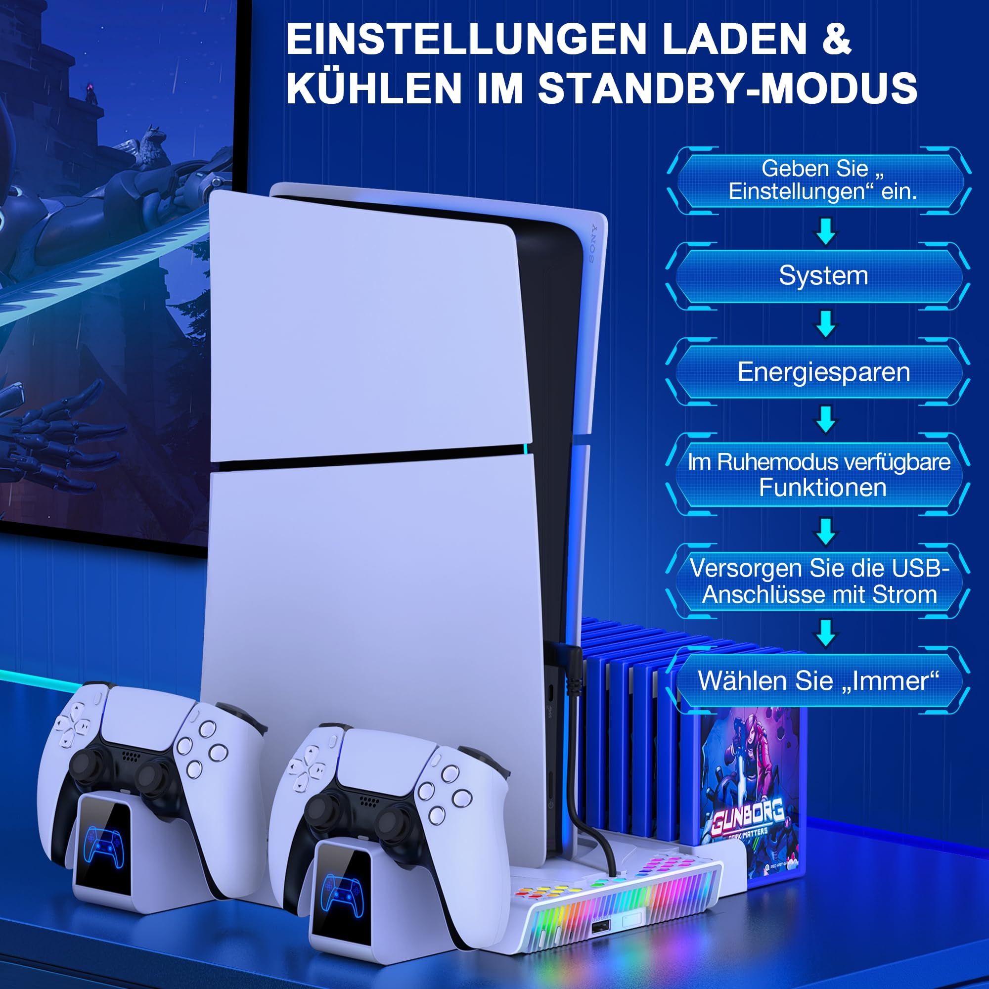 New PS5 Console Stand Slim - 3 Speed Cooling Fan, Controller Charger & 14 Game Storage Holder for PS5 Disc/Digital Edition | Perfect for Gaming Setup & Entertainment Center Organization