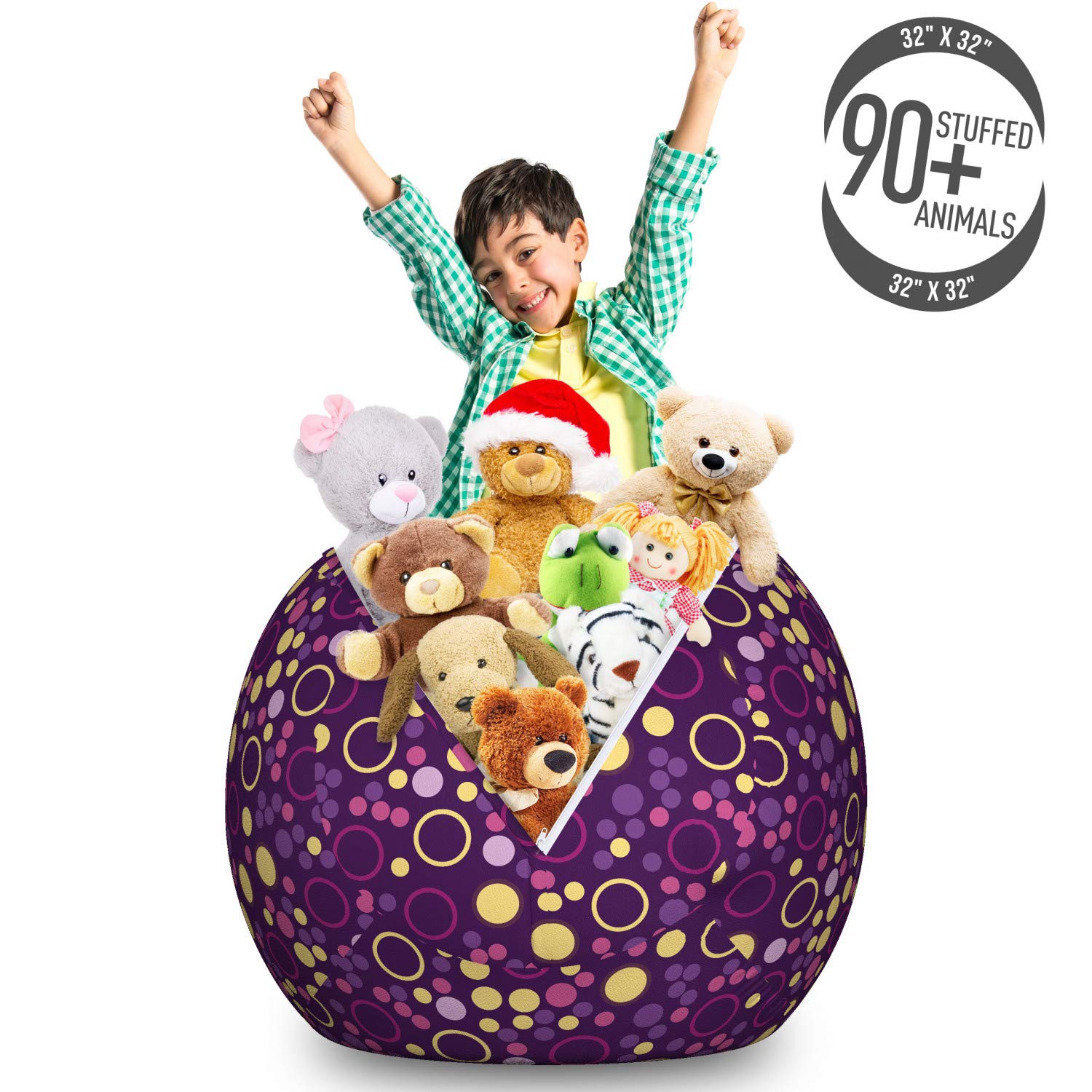 Ambesonne Large Abstract Storage Toy Bag Chair - Modern Circles & Polka Dots Pattern - Washable Stuffed Animal Organizer - Purple Brown - Perfect for Kids' Room, Playroom & Nursery Organization