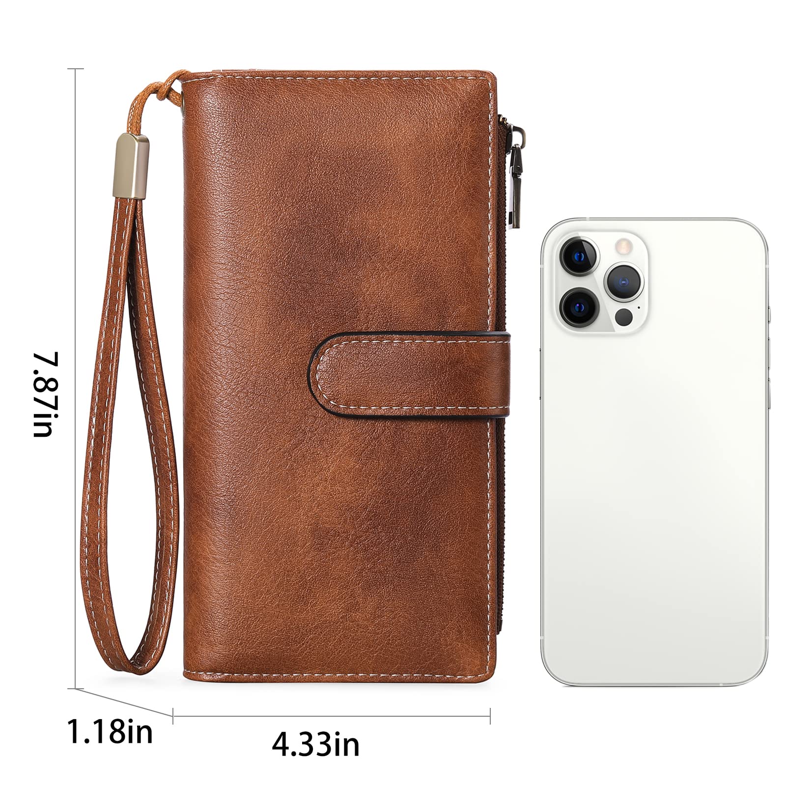 GOIACII Women's RFID Blocking Leather Wallet - Large Capacity Bifold Clutch with Double Zipper Pockets & Wristlet Strap | Perfect for Everyday Use, Travel, and Gift Giving
