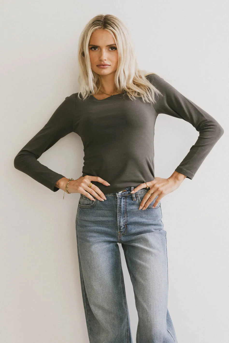 Kendra Basic Top in Grey - Women's Casual Short Sleeve T-Shirt for Everyday Wear | Final Sale