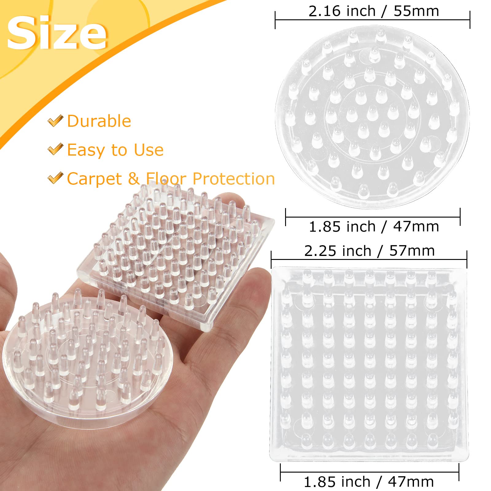 JMIATRY 20-Pack Spiked Caster Cups for Carpet Protection - 10 Square & 10 Round Plastic Furniture Glides (2-1/4 Inch, Clear) - Prevent Floor Damage for Hardwood, Tile & Carpet - Perfect for Office Chairs, Sofas & Rolling Furniture