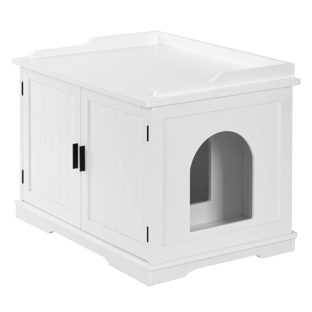 VINGLI White Cat Litter Box Enclosure - Modern Cat Washroom Storage Bench with Privacy Cover, Multi-Functional Nightstand Side Table & Kitty House Furniture for Small Spaces | Perfect for Apartments, Living Rooms & Bedrooms