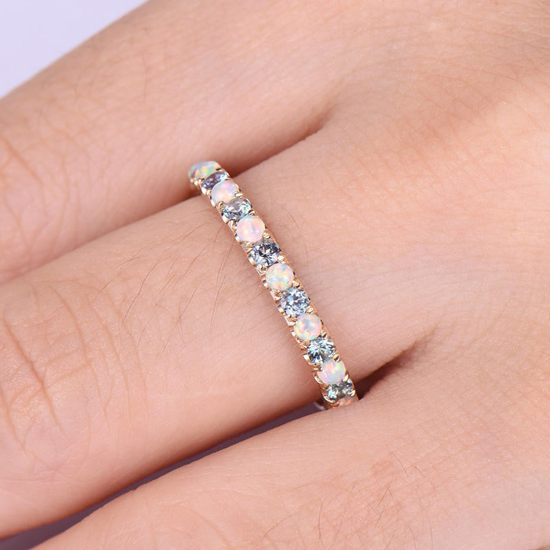 Opal and Alexandrite Wedding Band - Full Eternity Ring in 14K/18K Gold for Women | Elegant Bridal Jewelry, Anniversary Gift, Engagement Ring Alternative