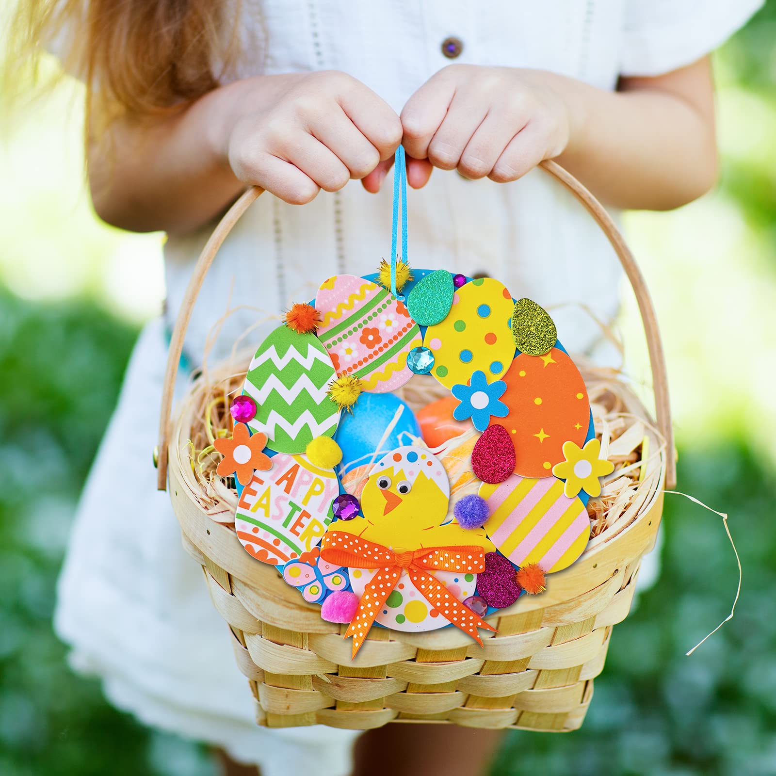 12 Sets DIY Easter Wreath Craft Kit with Foam Stickers, Pom-Poms & Googly Eyes - Bunny & Chick Decorations for Kids Classroom, Home Art Projects, Easter Party Favors & Front Door Décor - Perfect for Spring Celebrations & Holiday DIY Activities