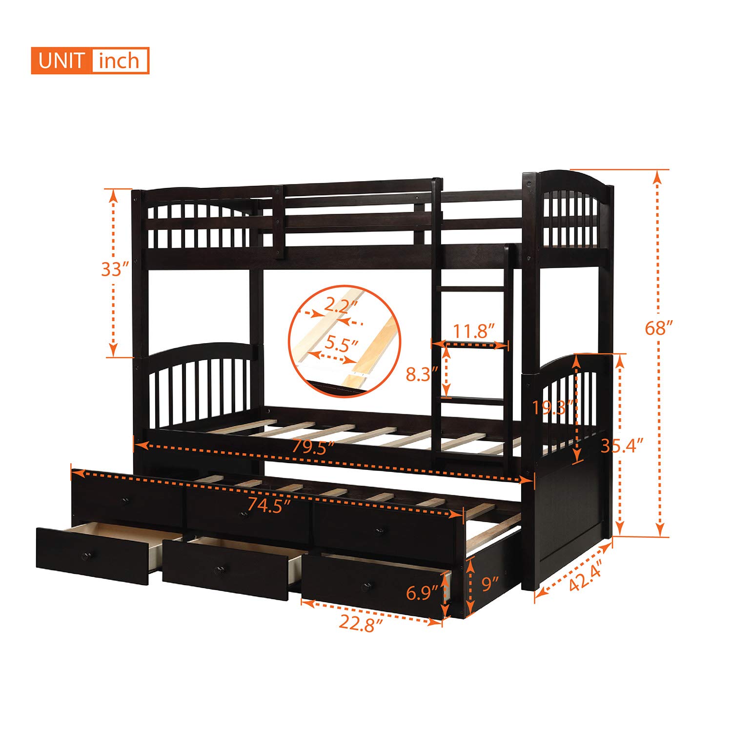SOFTSEA Twin Over Twin Solid Wood Bunk Bed with Trundle, 3 Storage Drawers & Guardrails - Kids Bedroom Furniture for Siblings, Sleepovers & Guest Rooms (Espresso Finish) - Space-Saving Solution for Small Rooms & Vacation Homes