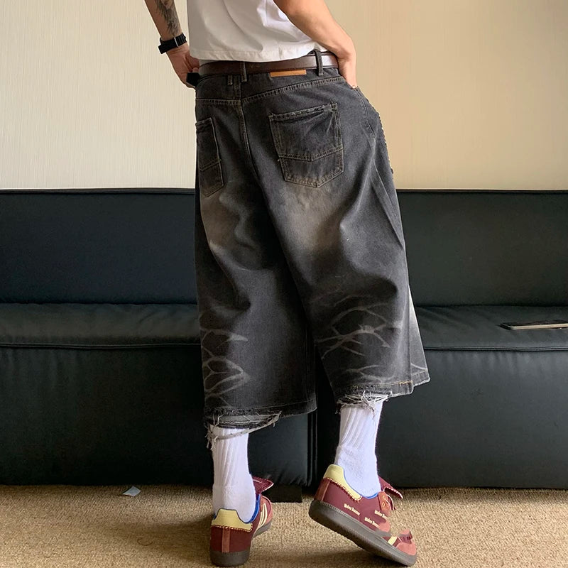 American Style Summer Loose Washed Distressed Men's Straight Leg Denim Shorts - Gradient Color Casual Pants for Outdoor Activities & Beach Wear | 24E1082