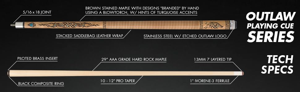 OUTLAW OL33 Thunder Pool Cue - Premium Brown Stained Maple Shaft with Wolf Design & Turquoise Accents | Professional Billiards Stick for Home Game Rooms & Pool Halls