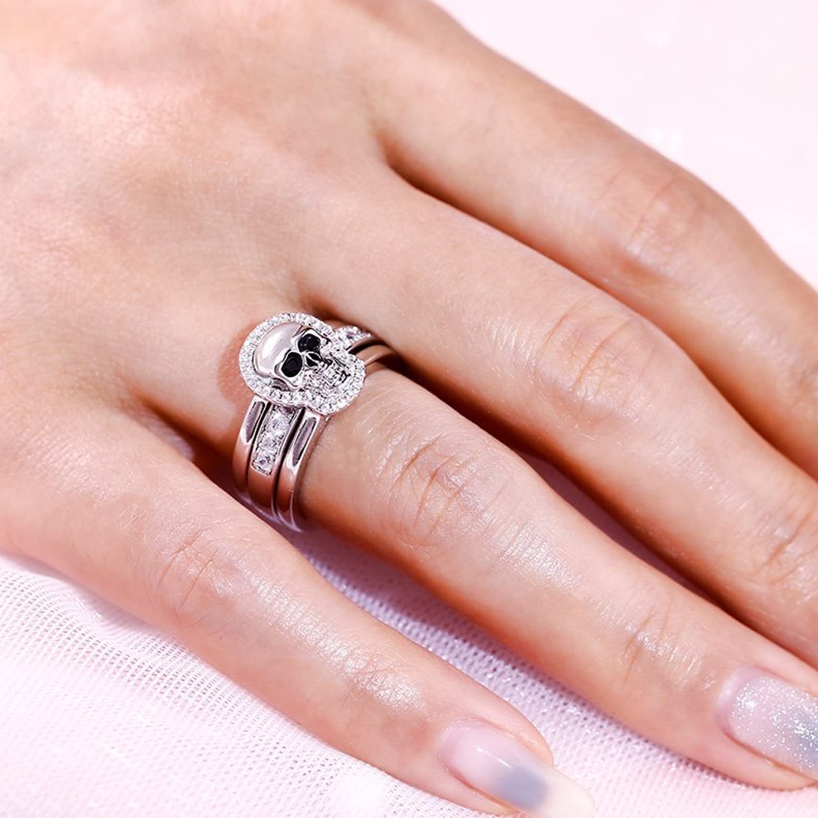 Jeulia Sterling Silver Skull Engagement Ring Set with Cubic Zirconia - Interchangeable Promise & Eternity Bands - Wedding, Anniversary, Bridal Jewelry Gift Box - Perfect for Gothic, Alternative & Punk Style Lovers