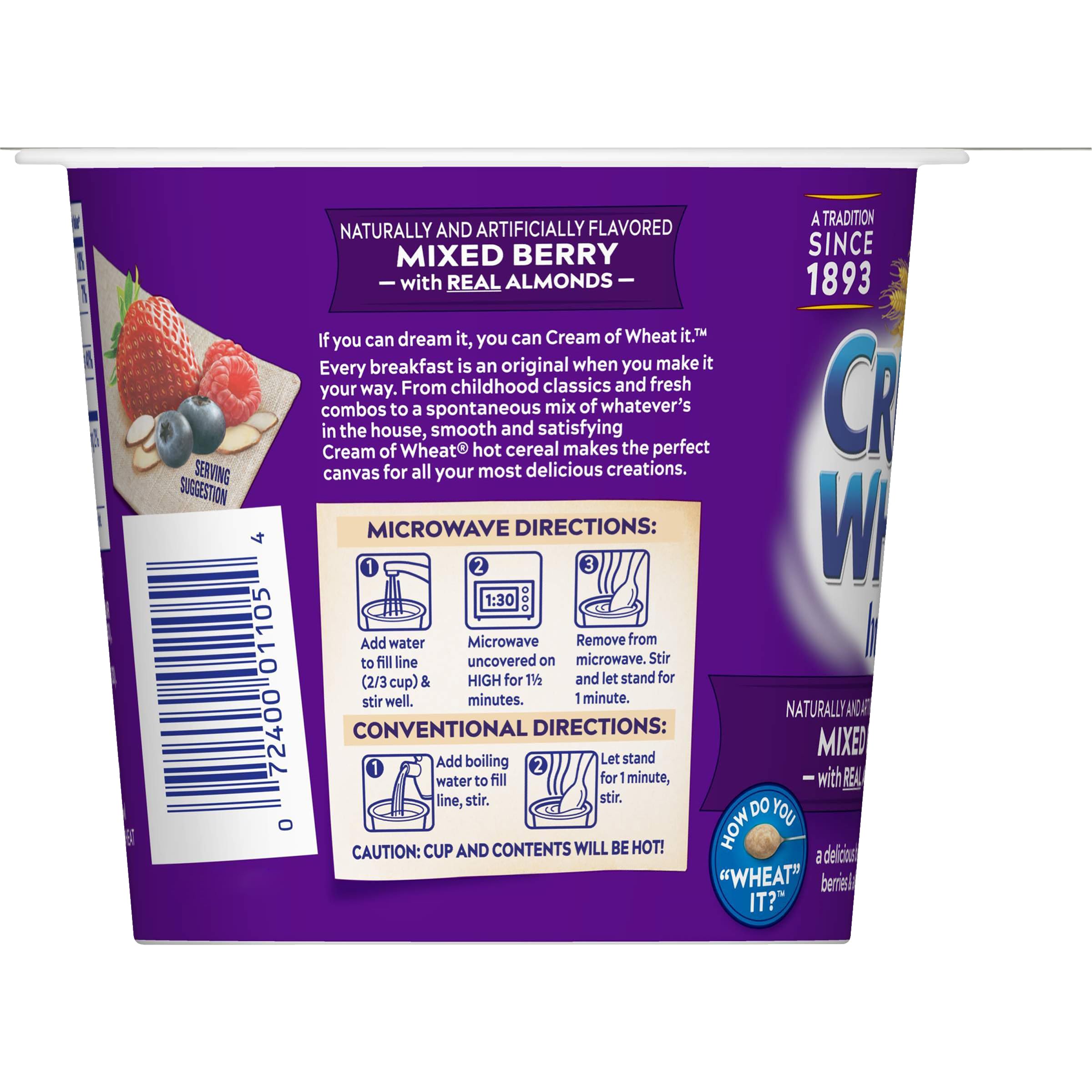 Cream of Wheat Instant Hot Cereal To-Go Cups - Mixed Berry with Almonds, 2.29oz (6 Pack) | Quick Breakfast for Busy Mornings, Office Snack & On-the-Go Meals