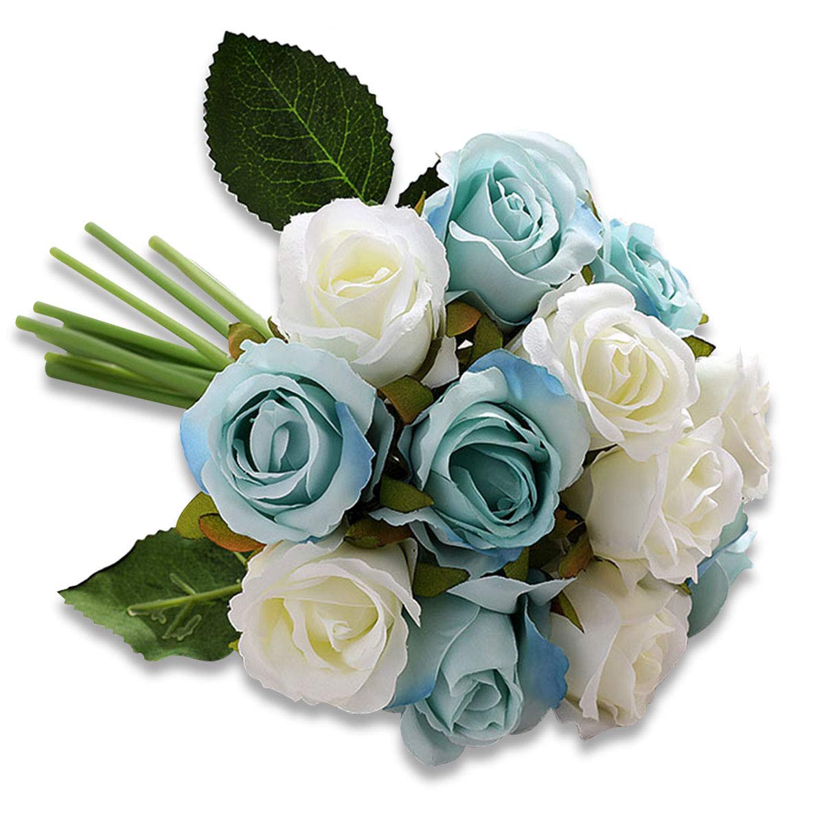 12 Heads Artificial Silk Rose Flowers Bouquet - Fake Roses for Wedding, Bridal, Home Decor (White & Blue) - Perfect for Centerpieces, Table Arrangements, and DIY Floral Projects