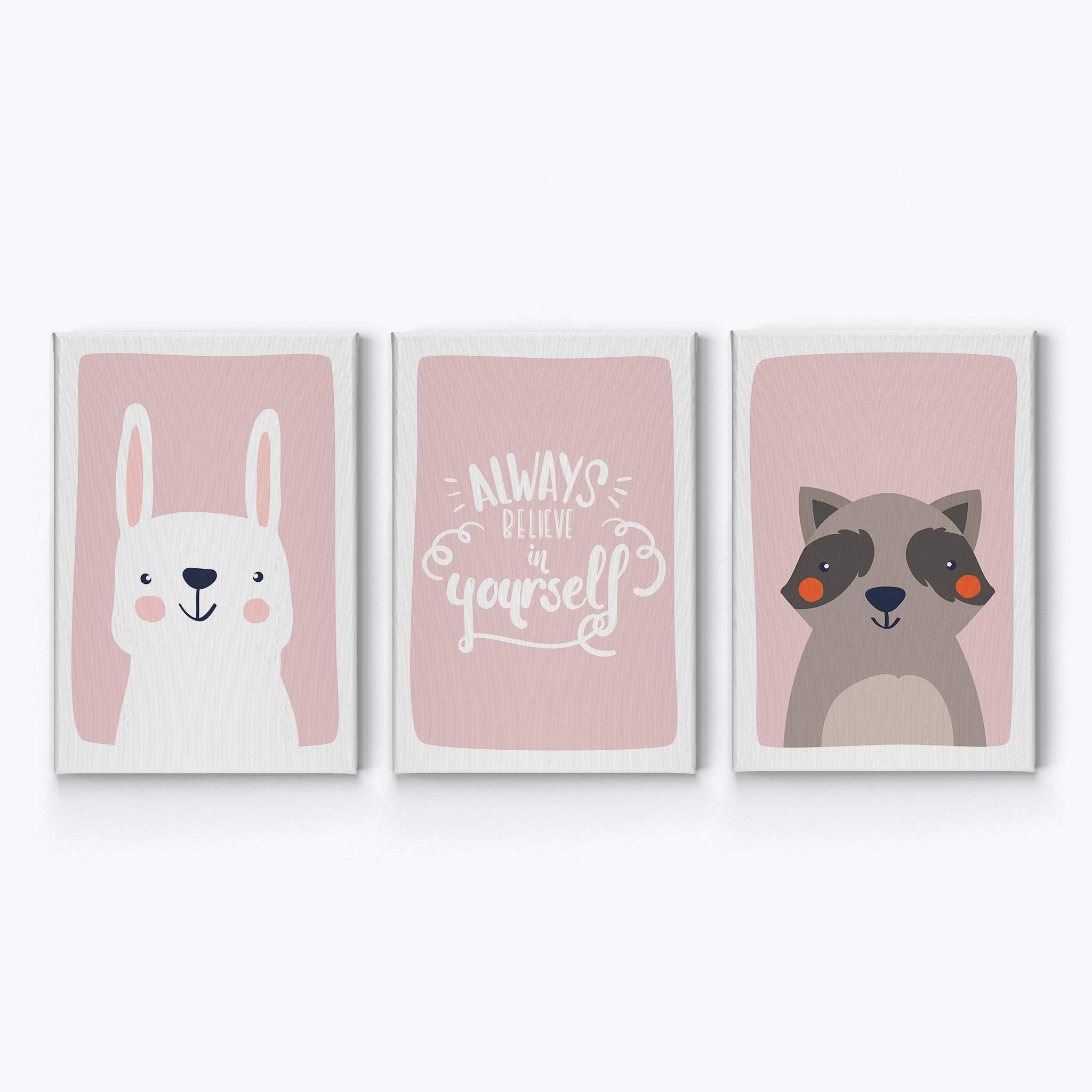 Cute Rabbit & Raccoon Canvas Wall Art Set - 3 Piece Nursery Decor with Inspirational Quotes on Pink Background (22x15 Inches) - Ready to Hang Kids Room Decor for Boys & Girls | Made in USA | Perfect for Baby Shower Gifts & Nursery Wall Decor