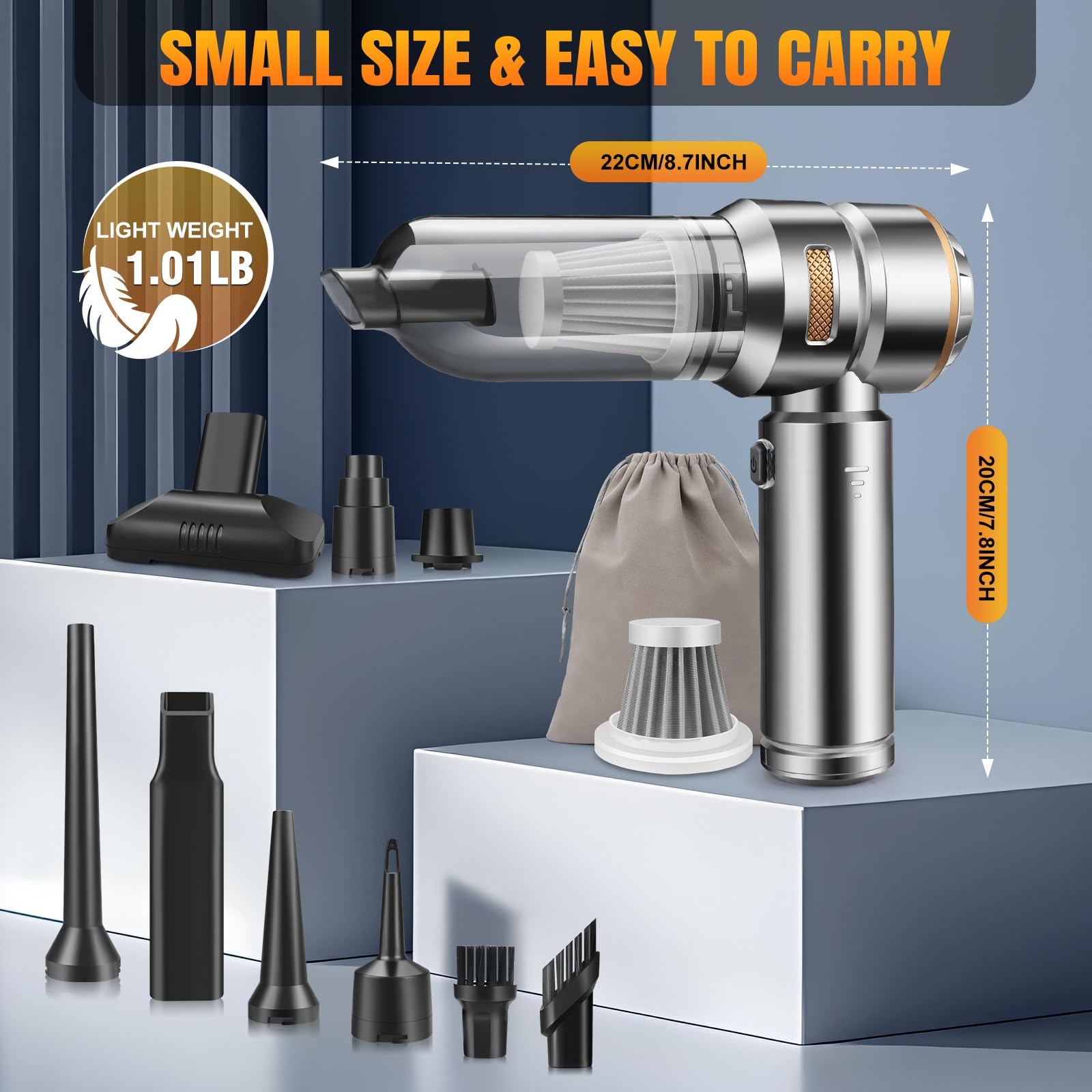 18000PA Cordless Handheld Vacuum Cleaner - 4-in-1 Mini Car Vac with Brushless Motor, 6000mAh Battery | Air Duster, Blower & Pump for Car Detailing, Office & Home Cleaning | Perfect for Pet Hair, Crumbs & Dust Removal