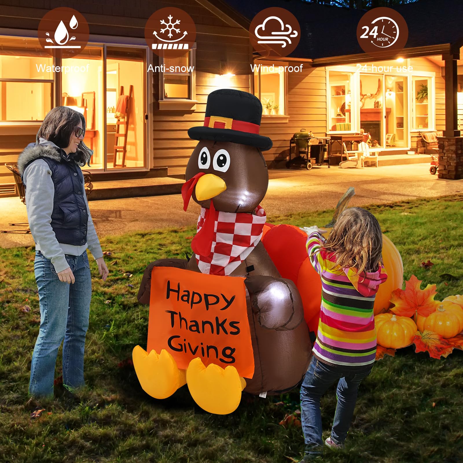 4 FT Pull Banner Turkey Thanksgiving Inflatable Decoration with LED Lights - Outdoor Holiday Yard Decor for Lawn, Garden & Patio - Perfect for Thanksgiving Party, Fall Festival & Family Gatherings
