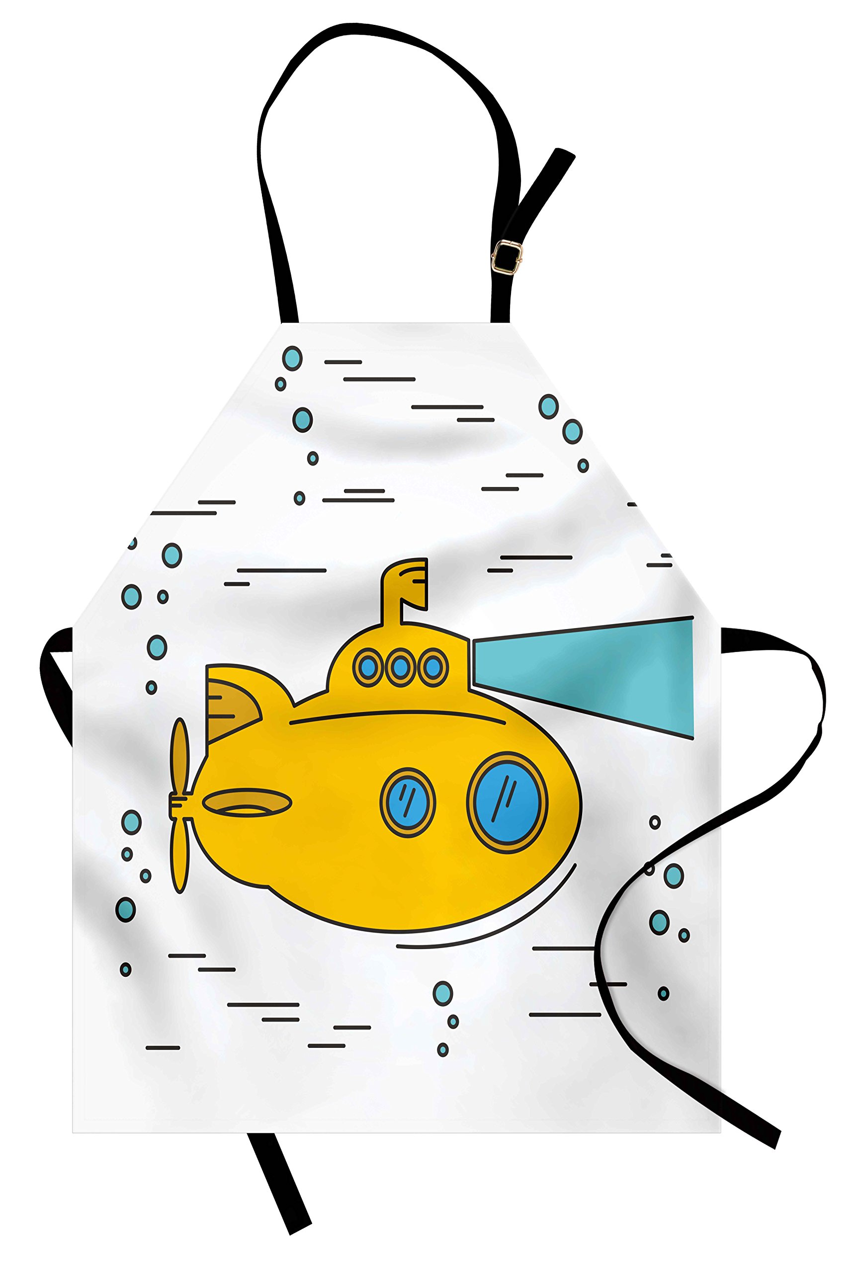 Ambesonne Yellow Submarine Apron - Ocean Nautical Adventure Underwater Bubbles Porthole Cartoon Design | Adjustable Neck Unisex Kitchen Bib for Cooking, Baking & Gardening | Adult Size White & Yellow Apron | Perfect for Home Chefs, BBQ Parties & Themed Events