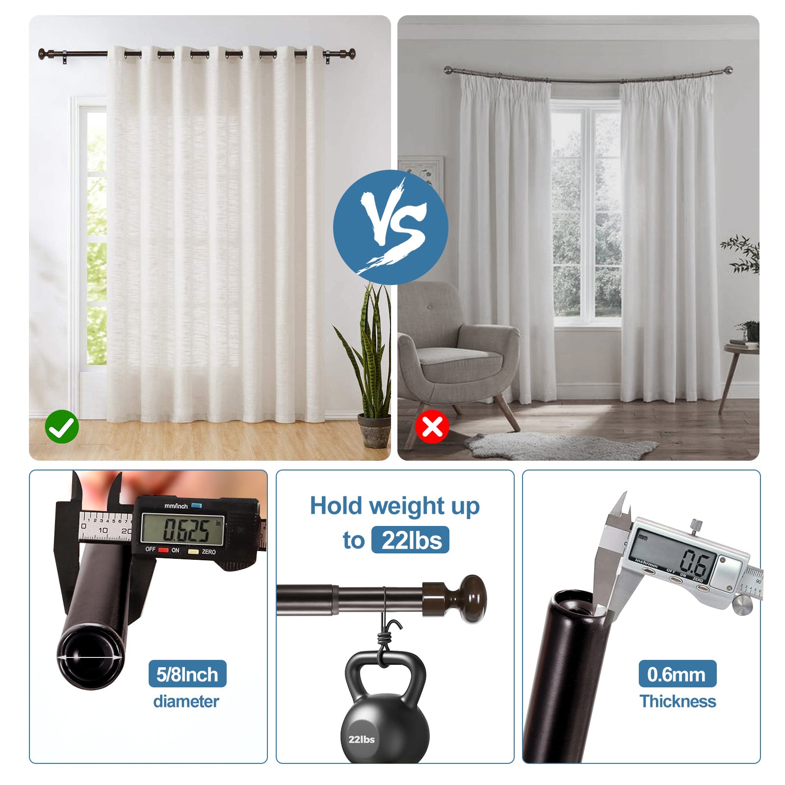 Urbanest Adjustable Oval Finial Curtain Rod Set - 5/8 inch Diameter for Living Room, Bedroom & Window Treatments - Elegant Drapery Hardware for Home Decor