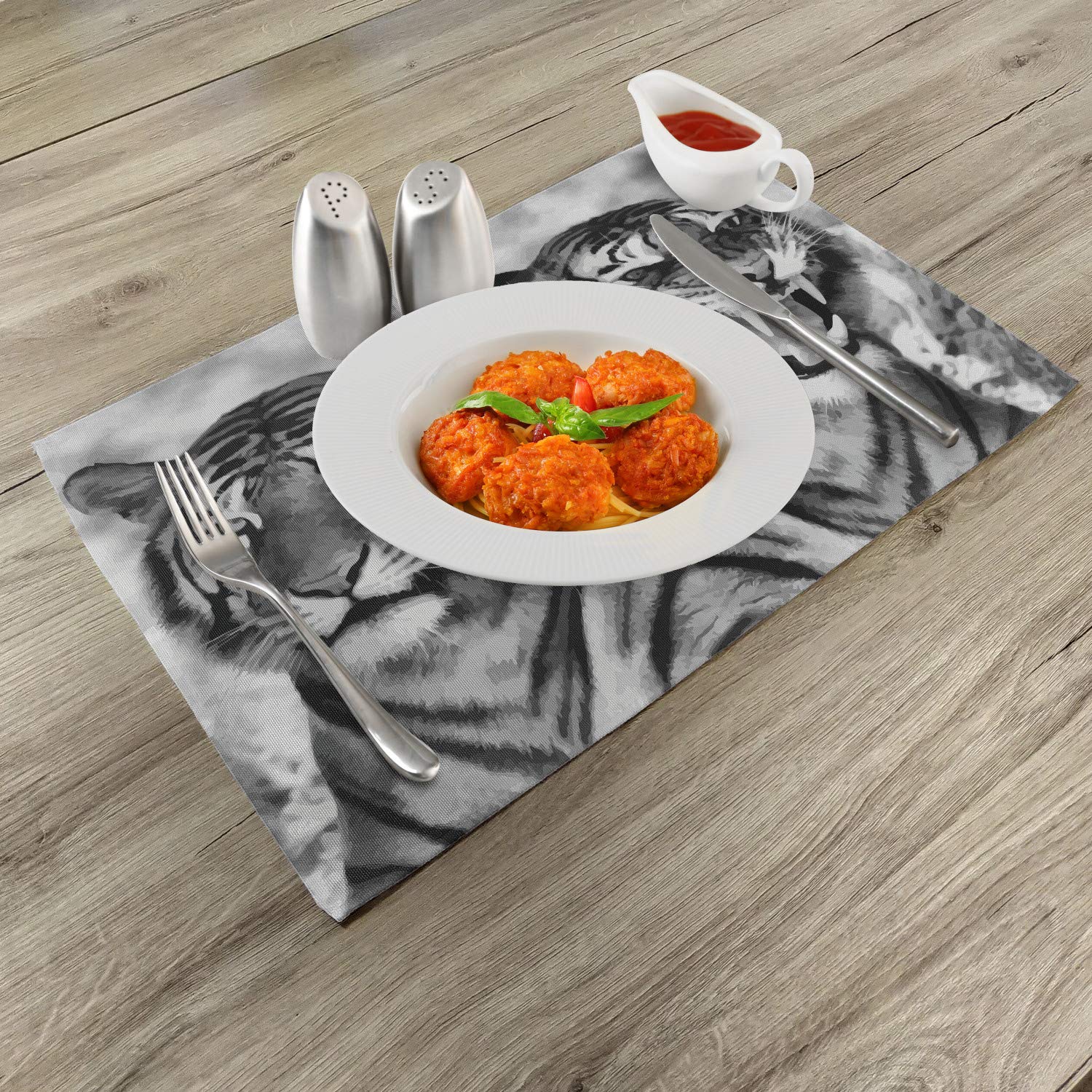 Ambesonne Savannah Cat Placemats Set of 4 - Fierce Wildlife Design with Mirror Images & Sharp Teeth - Washable Fabric Table Mats for Dining Room - Standard Size Pale Grey & Black - Perfect for Dinner Parties, Holiday Gatherings & Animal Lover Home Decor