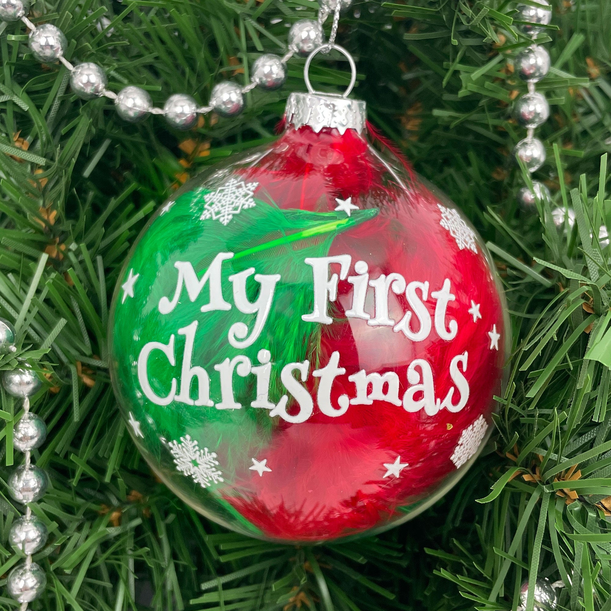 Personalized My First Christmas Ornament - Red and Green Feather Filled Glass Bauble for Tree Decorating, Gift Giving & Holiday Home Decoration
