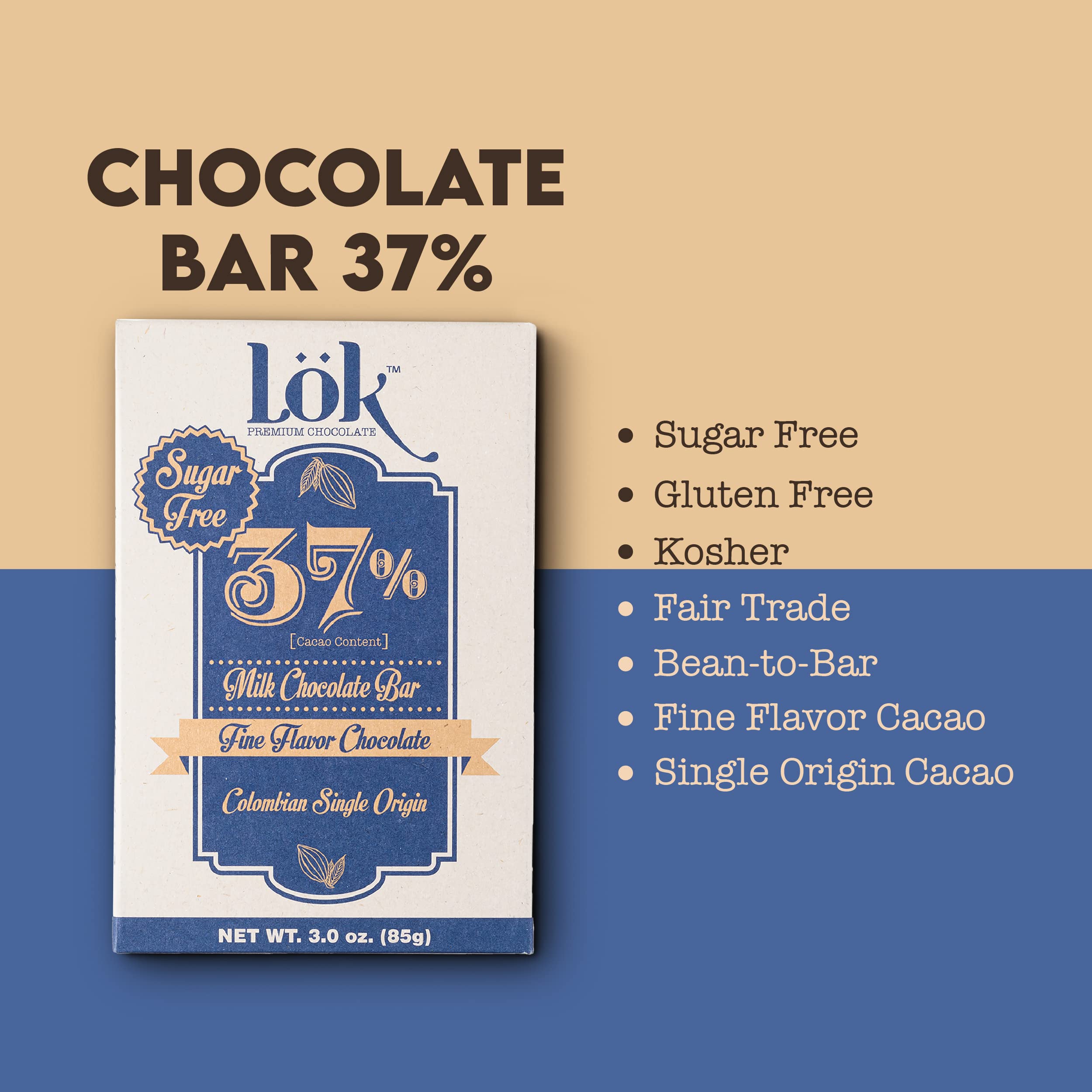 Premium Lok Milk Chocolate Bar 37% Cacao | Fair Trade, Kosher, Gluten Free, Bean-to-Bar, Sugar-Free | 3.0 Ounce (12 Pack) | Perfect for Gifts, Baking & Healthy Snacking