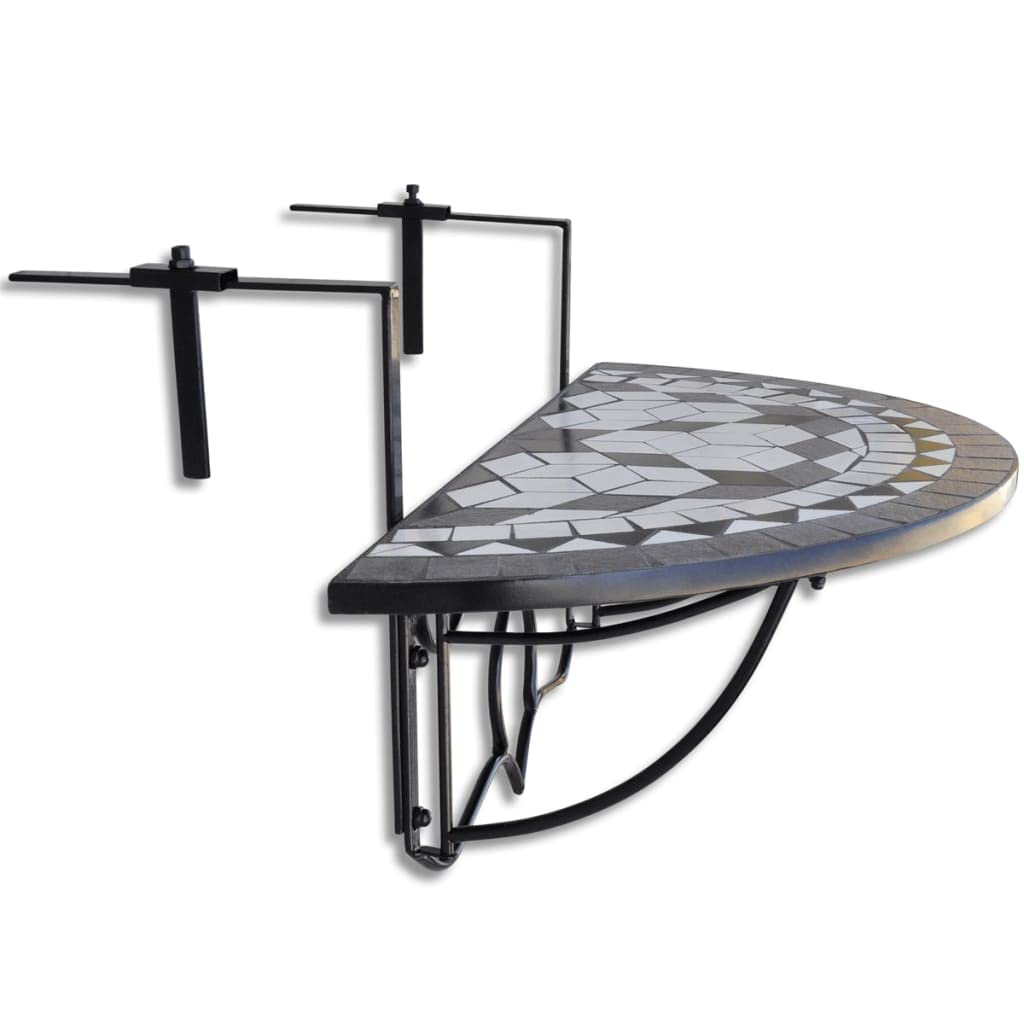 Adjustable Hanging Balcony Table for Outdoor & Indoor Use - Patio, Garden, Deck Railing Table with Wicker Finish in Black & White Mosaic - Perfect for Small Space Dining, Coffee Break, and Relaxing Outdoors