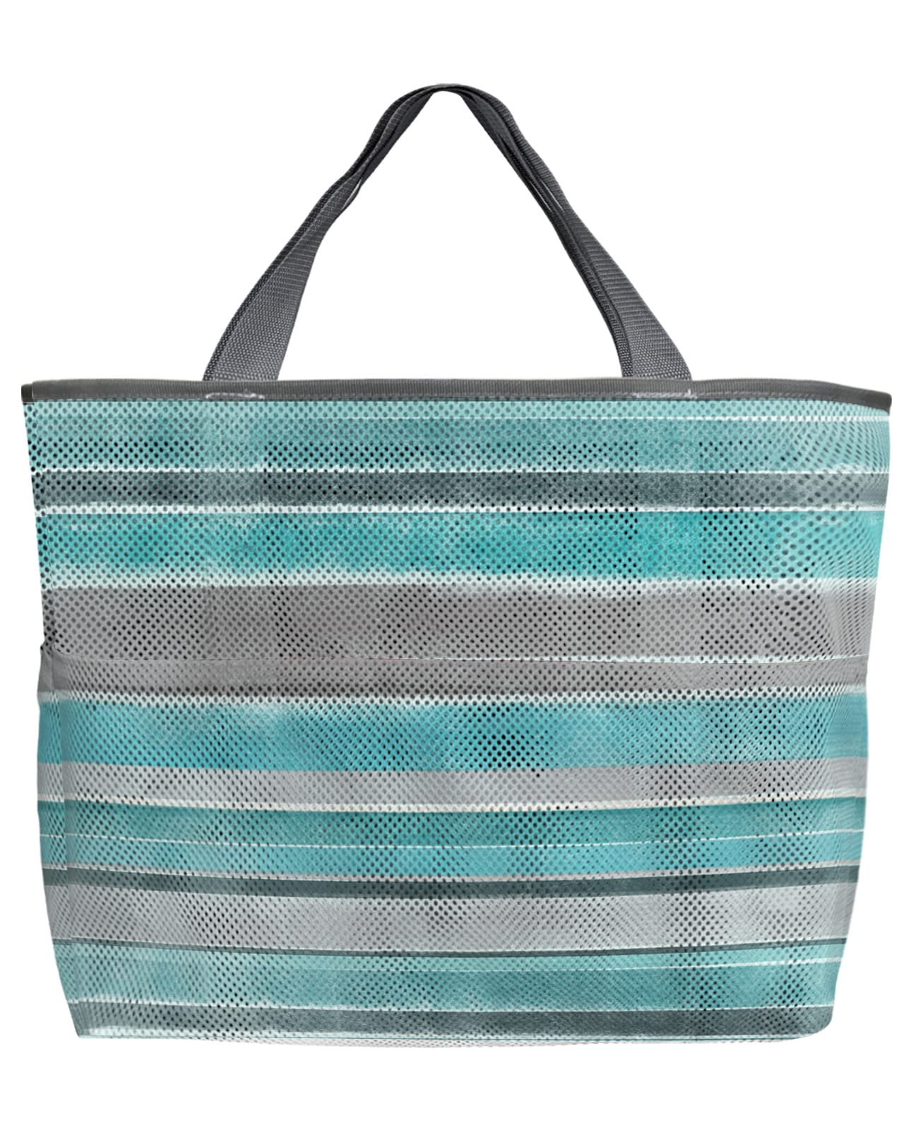 Nordic Abstract Mesh Beach Tote Bag - 60L Oversized Foldable Lightweight Swim Bag with Pockets | Turquoise Gray Gradient Stripes | 24