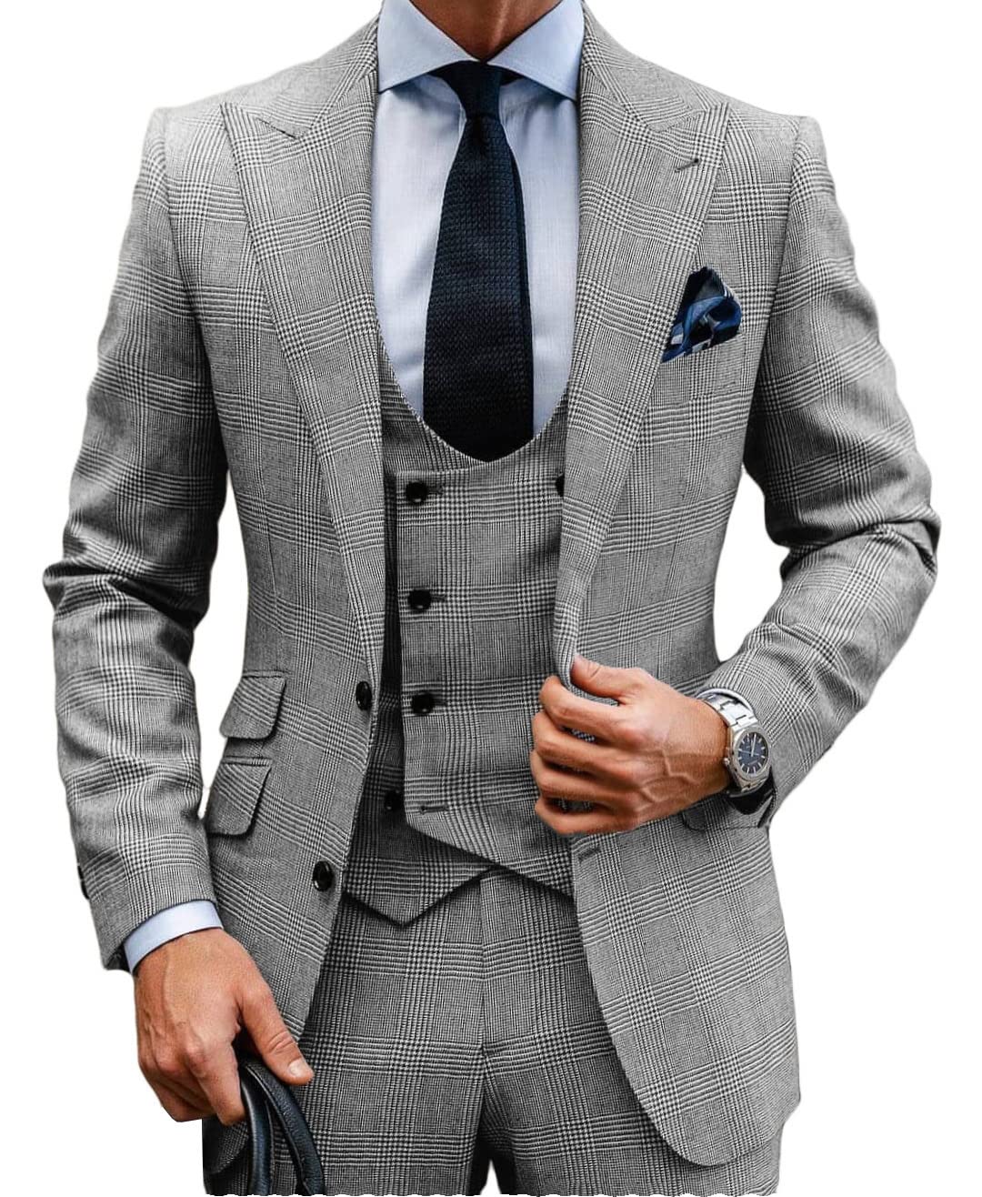 MoranX Men's 3-Piece Wool Plaid Suit - Double Breasted Business Blazer, Vest & Pants Set for Wedding, Office & Formal Events | Regular Fit Tuxedo