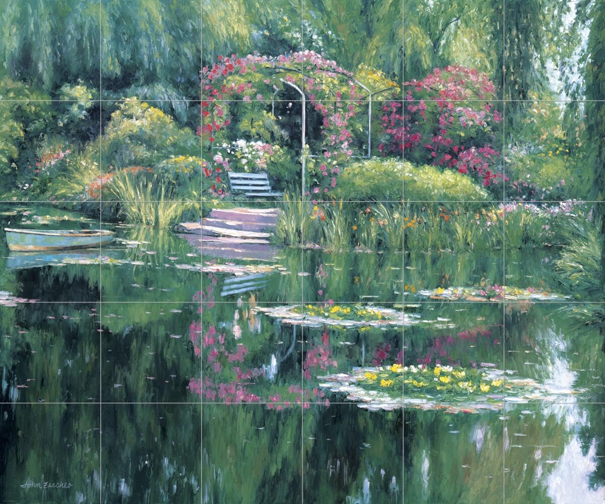 Monet's Garden Ceramic Backsplash Tile Mural - Waterproof Kitchen & Bathroom Wall Decor - Landscape Art for Shower, Backsplash, and Home Renovation