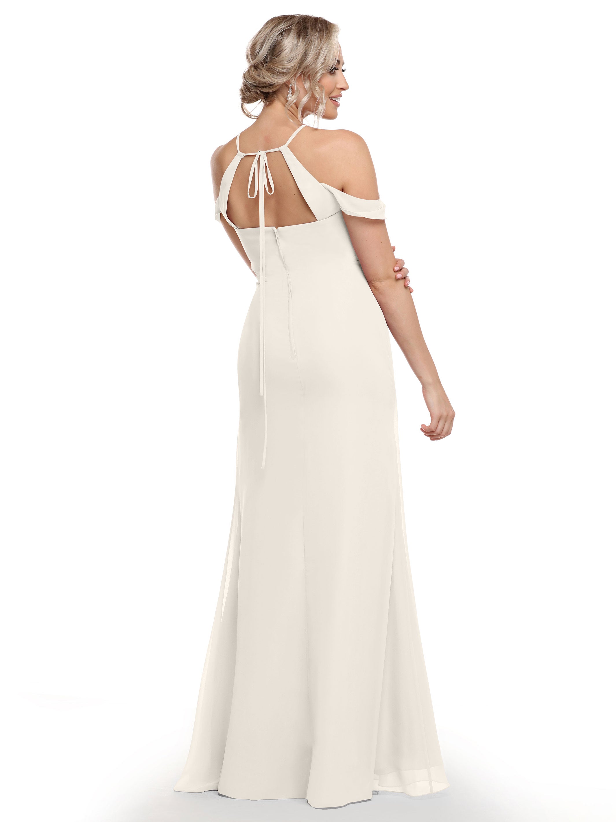 Elegant Off-the-Shoulder Chiffon Bridesmaid Dress with Halter Neckline - Perfect for Weddings, Formal Events & Special Occasions
