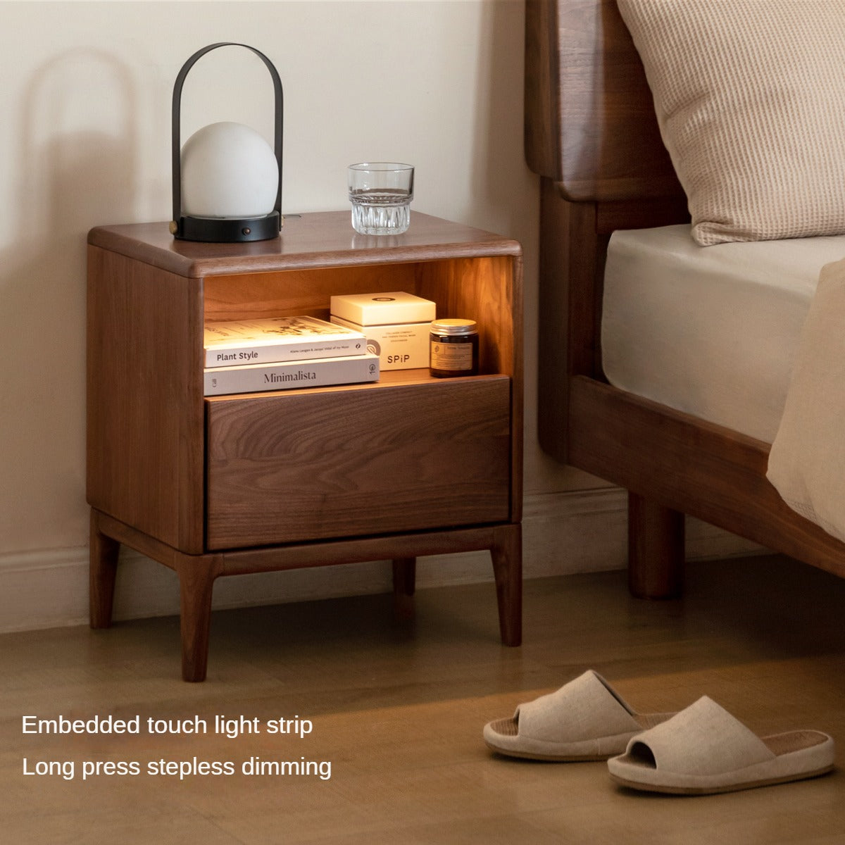 Premium Black Walnut & Ash Solid Wood Nightstand with Built-in Light - Modern Bedside Table for Bedroom Decor & Small Space Storage
