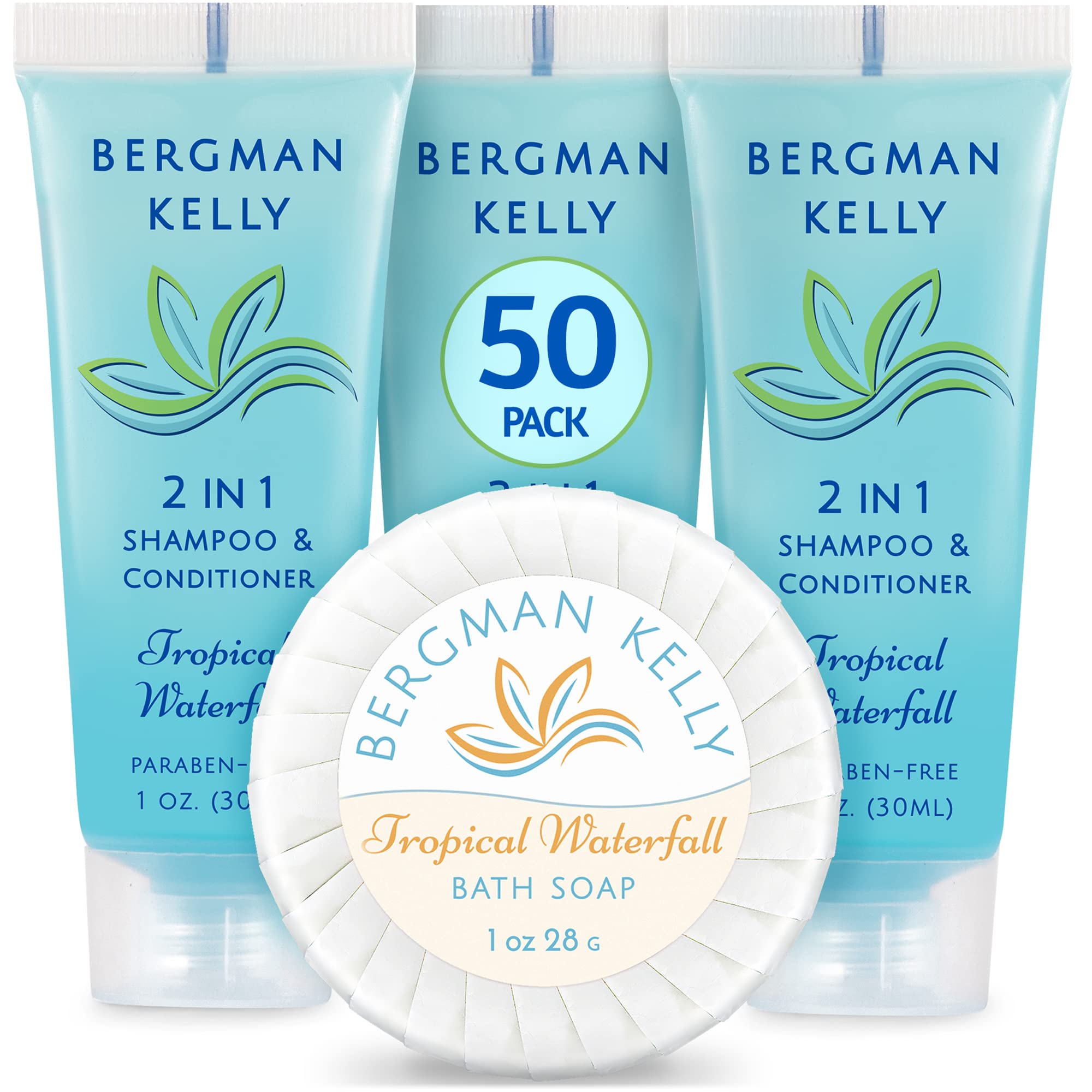 BERGMAN KELLY Round Soap Bars - 2in1 Shampoo & Conditioner Set (Tropical Waterfall Scent, 1 oz Each, 100-Piece Bulk Pack) - Moisturizing & Refreshing Hotel Amenities for Guest Bathrooms, Spas, and Luxury Travel Toiletries