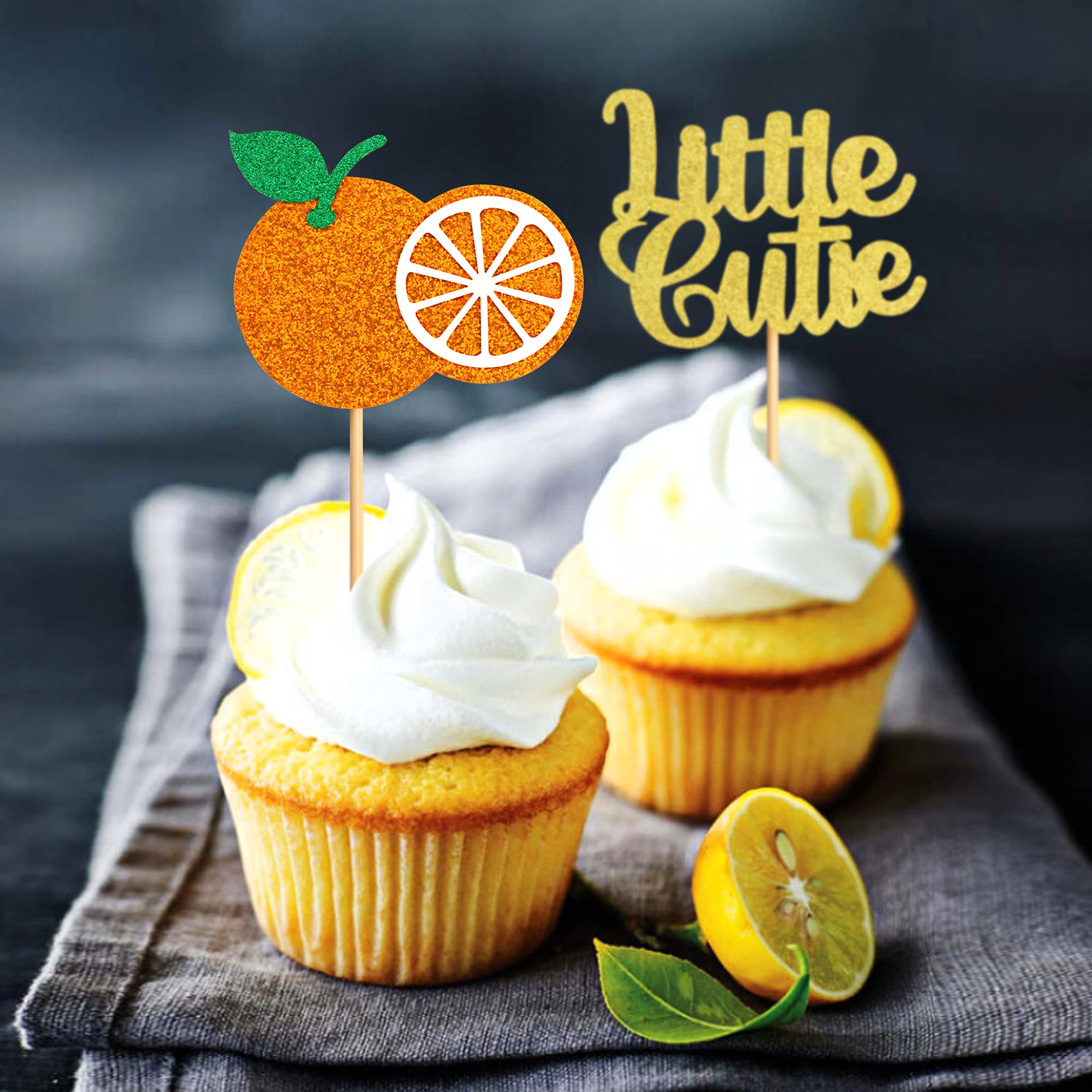 30 Pack Gold Citrus Garland Cupcake Toppers - Orange Cupcake Picks for Baby Showers, Birthday Parties, Wedding Decorations & Cake Decorating Supplies - Perfect for Dessert Table Displays & Holiday Celebrations