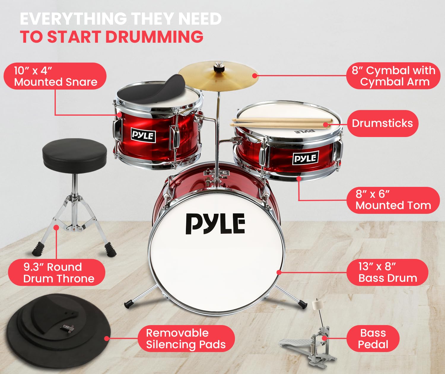 **Pyle Kids Drum Set - 3-Piece Beginner Junior Drum Kit with 13