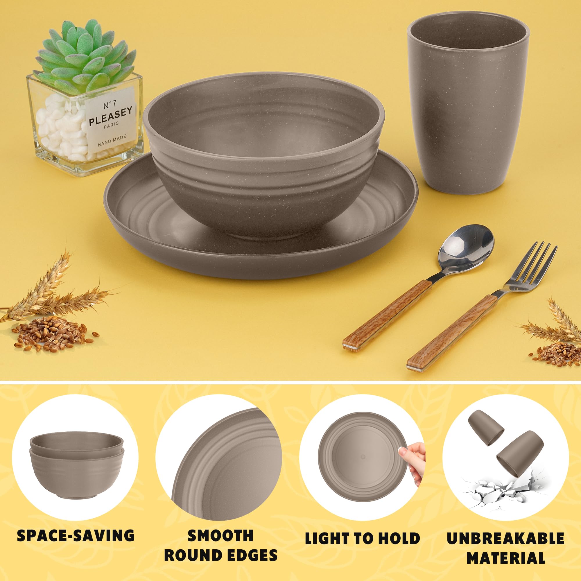 32-Piece Wheat Straw Dinnerware Set | Unbreakable, Microwave & Dishwasher Safe | Eco-Friendly Plates & Bowls for 4 | Lightweight Reusable Dinnerware (Desert Taupe) | Perfect for Camping, Picnics & Everyday Use