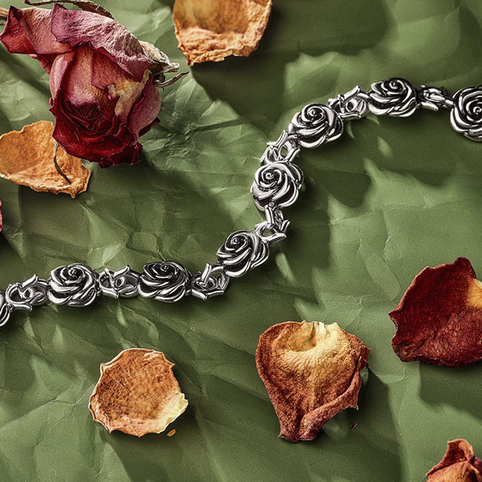 Jeulia Sterling Silver Rose Flower Charm Bracelet for Women & Teens - Elegant Jewelry Gift for Wedding, Anniversary, Birthday, Promise | Gothic & Retro Style with Gift Box - Perfect for Romantic Occasions & Everyday Wear